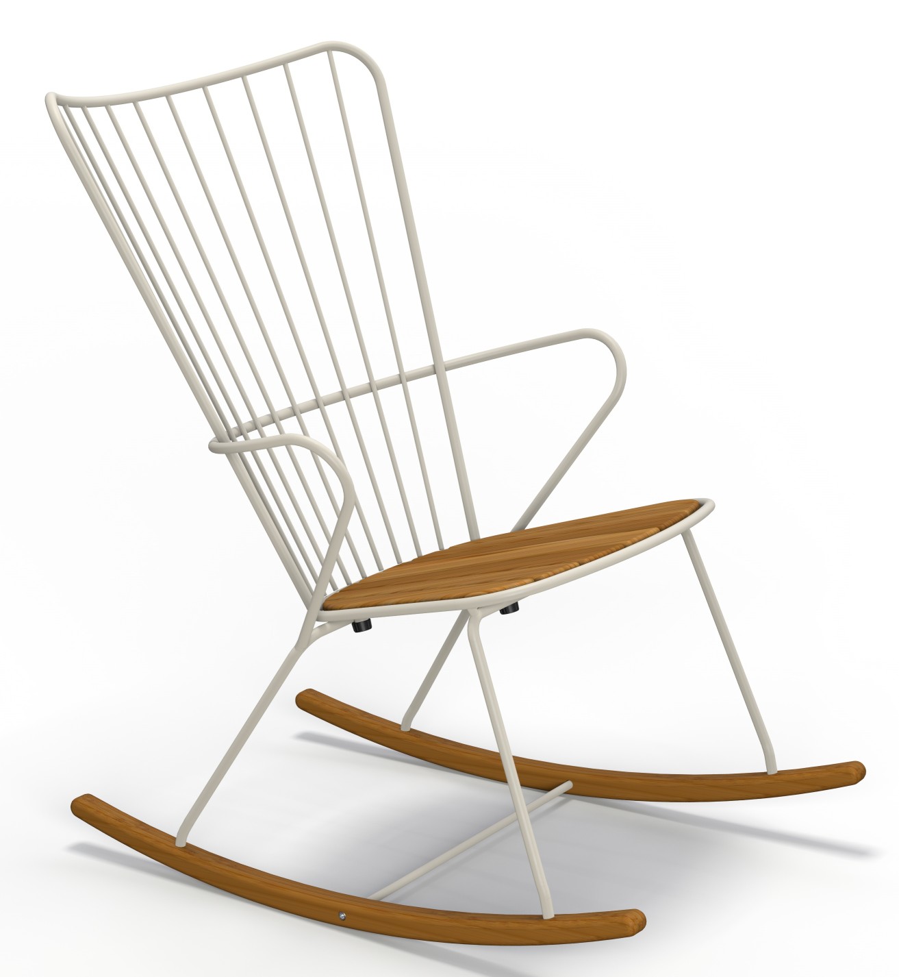 Weißer Paon Schaukelstuhl von Houe für den Außenbereich mit Holzdetails, ideal für Garten und Terrasse.
