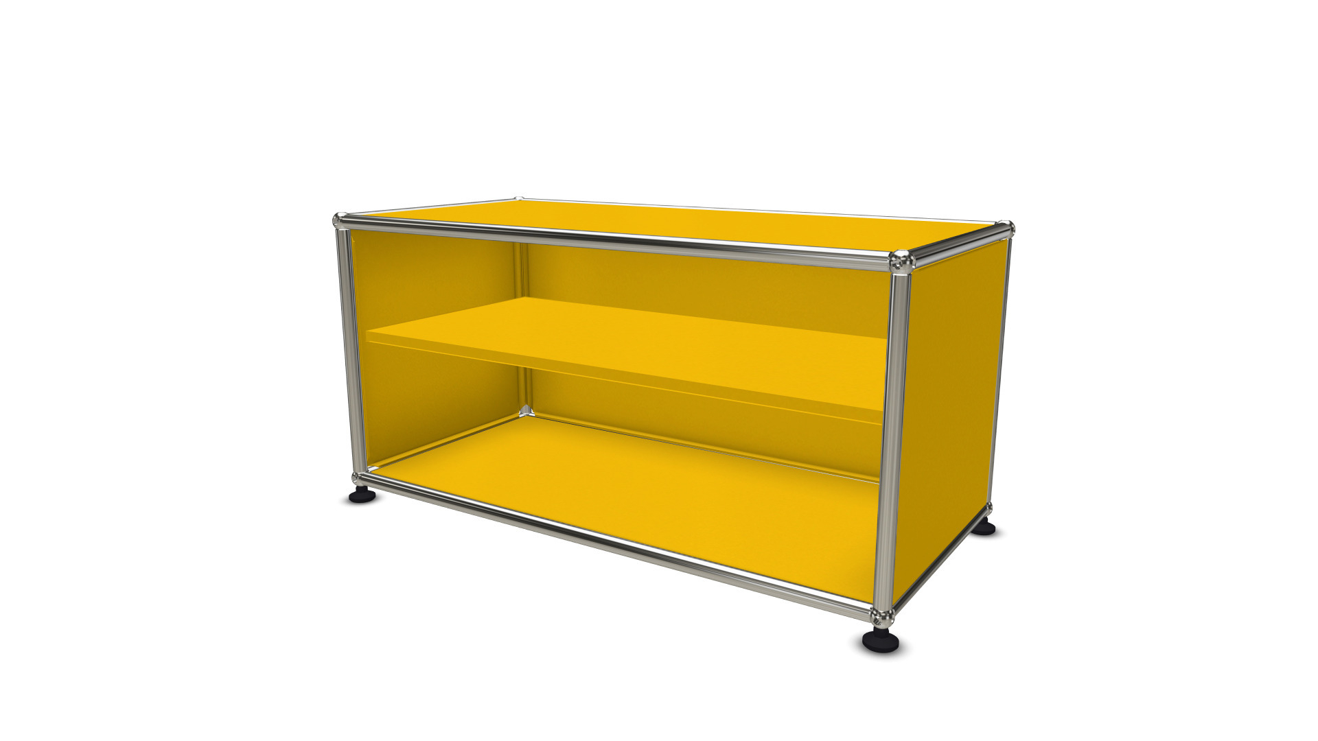 USM Haller Zwischentablar Ersatzteil gelb Gelbes USM Haller Regal mit zwei Fächern und silbernen Chromrohren als Ersatzteil oder Möbelstück.