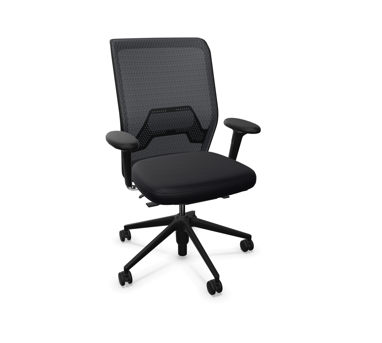 Schwarzer ID Mesh Bürodrehstuhl von Vitra mit Netzrückenlehne und Rollen vor weißem Hintergrund.