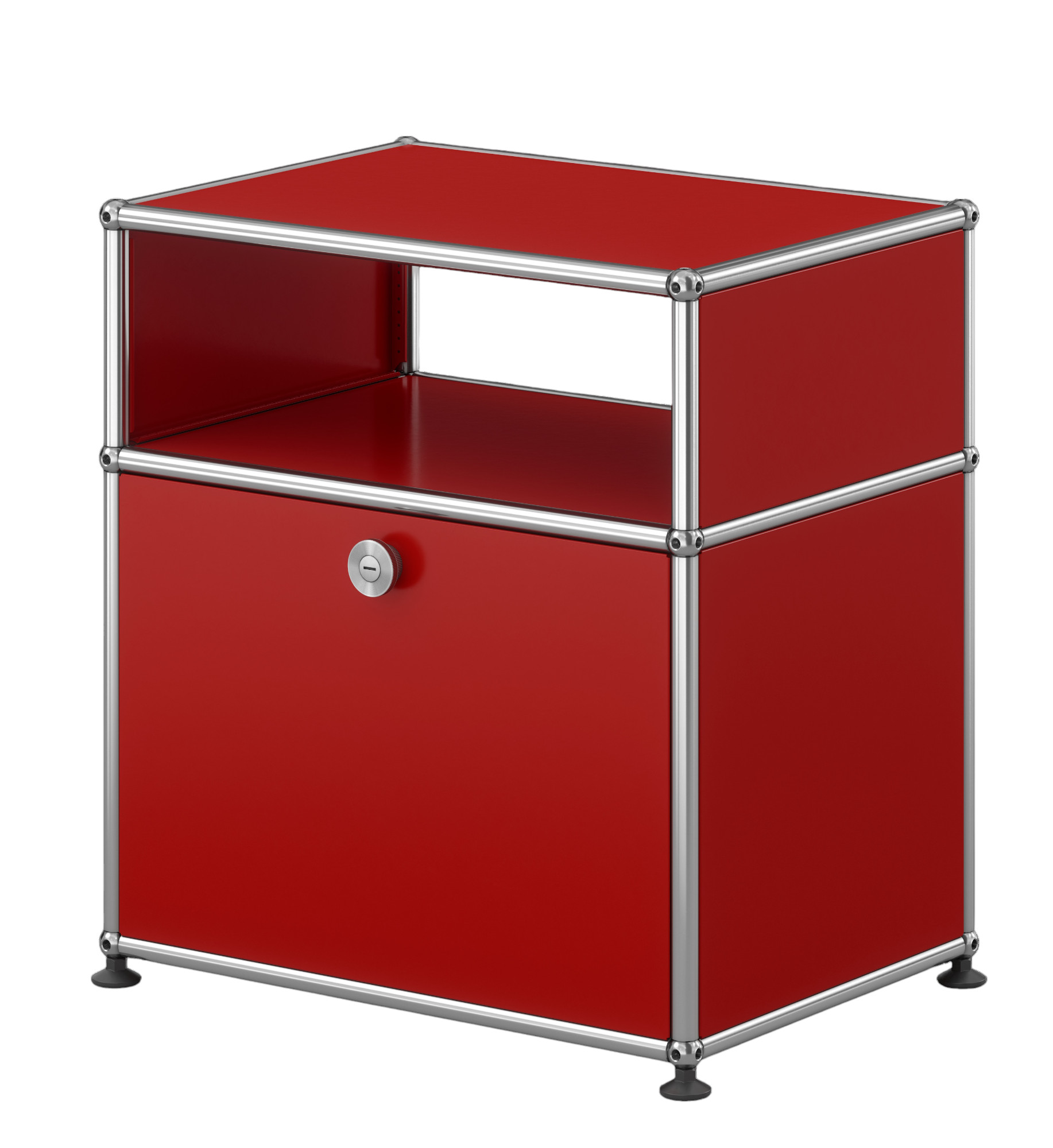 USM Haller Table de nuit avec Porte rabattable Rouge USM Haller Nachttisch Rubinrot mit Klapptür, modernes modulares Möbeldesign für Schlafzimmer und Wohnbereich.