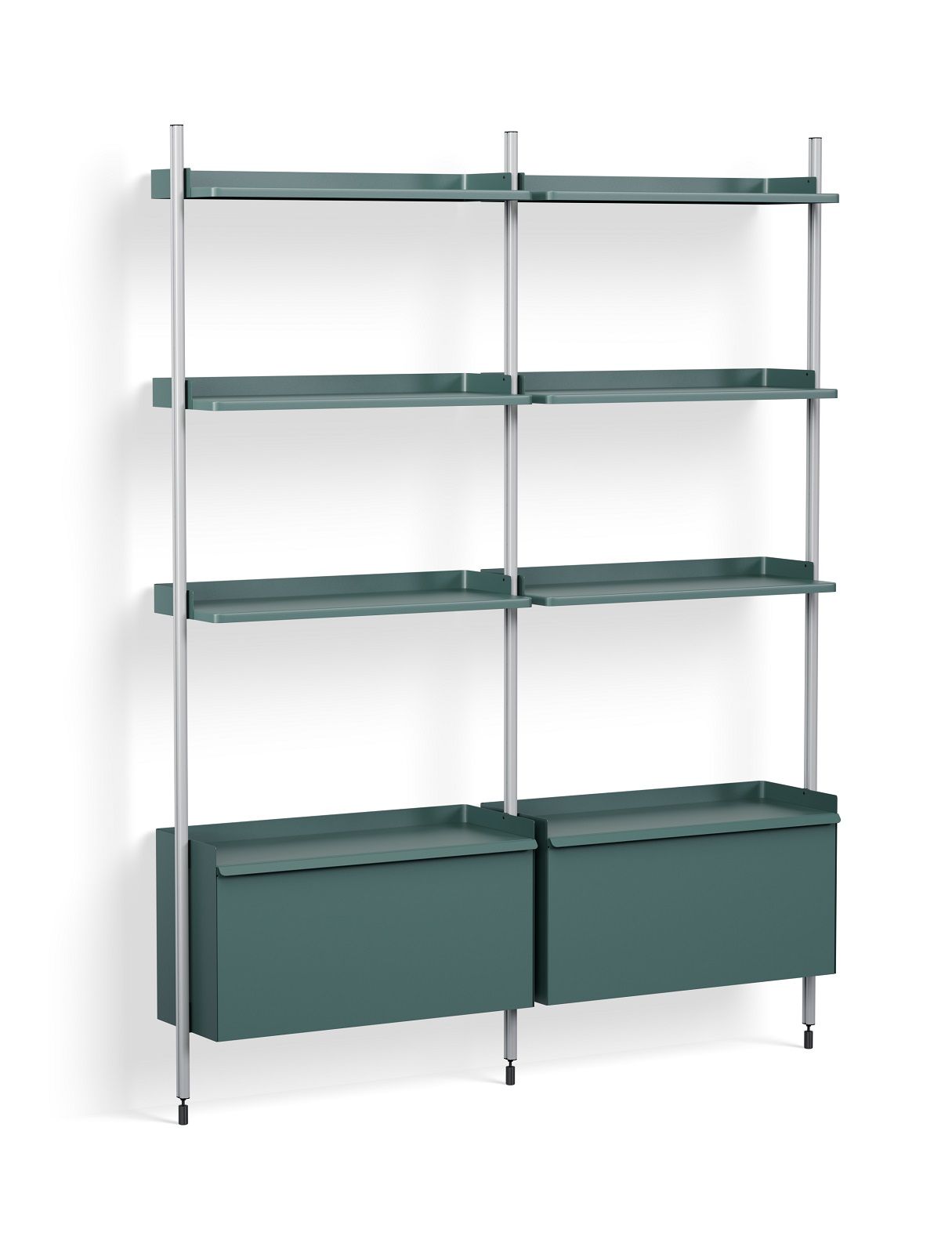 Hay Pier System Regal mit zwei Säulen in Stahlblau und Aluminium, modernes Regalsystem.