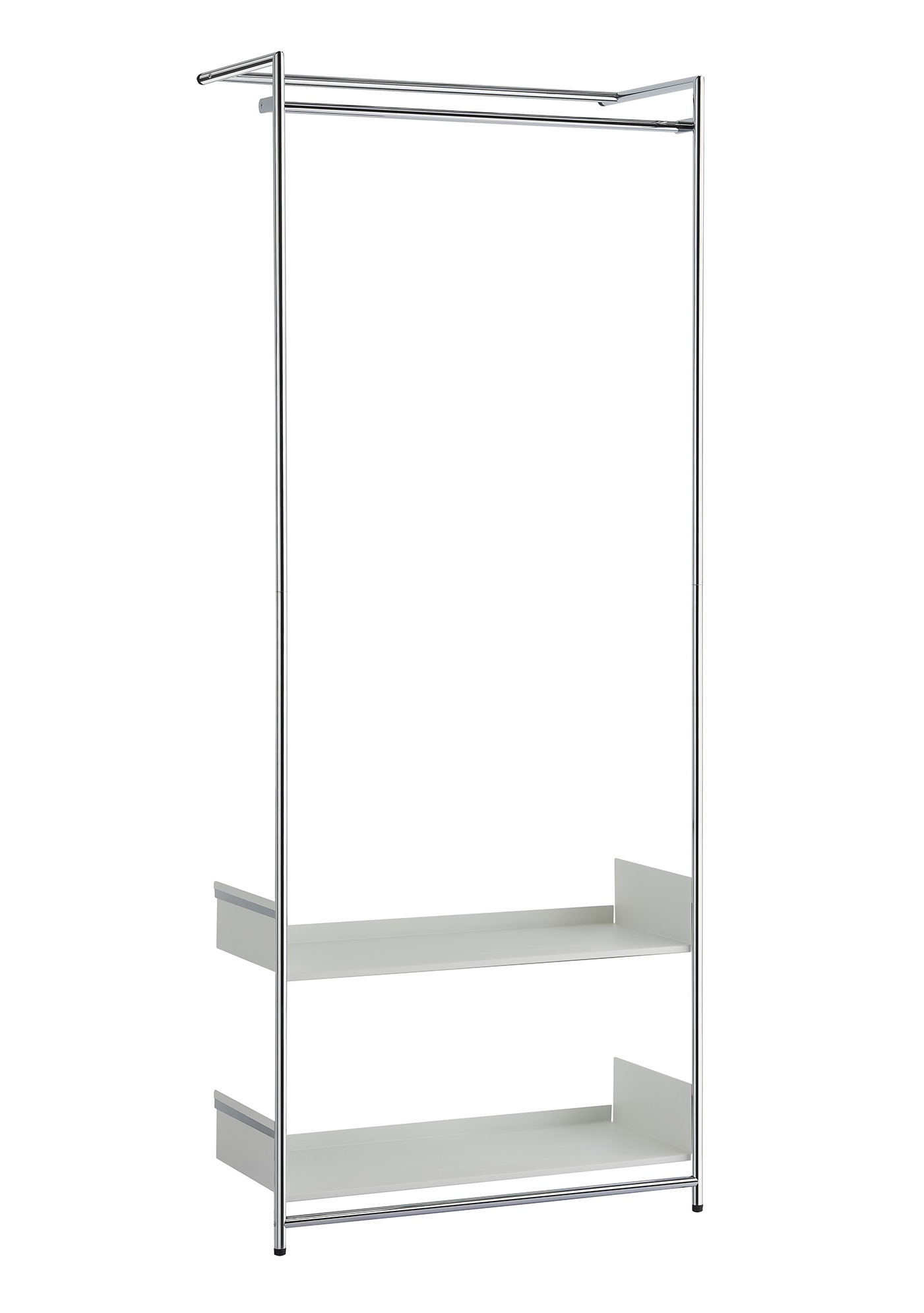 Comba Anlehngarderobe von Mox mit zwei weißen Regalböden und verchromtem Stahlgestell.