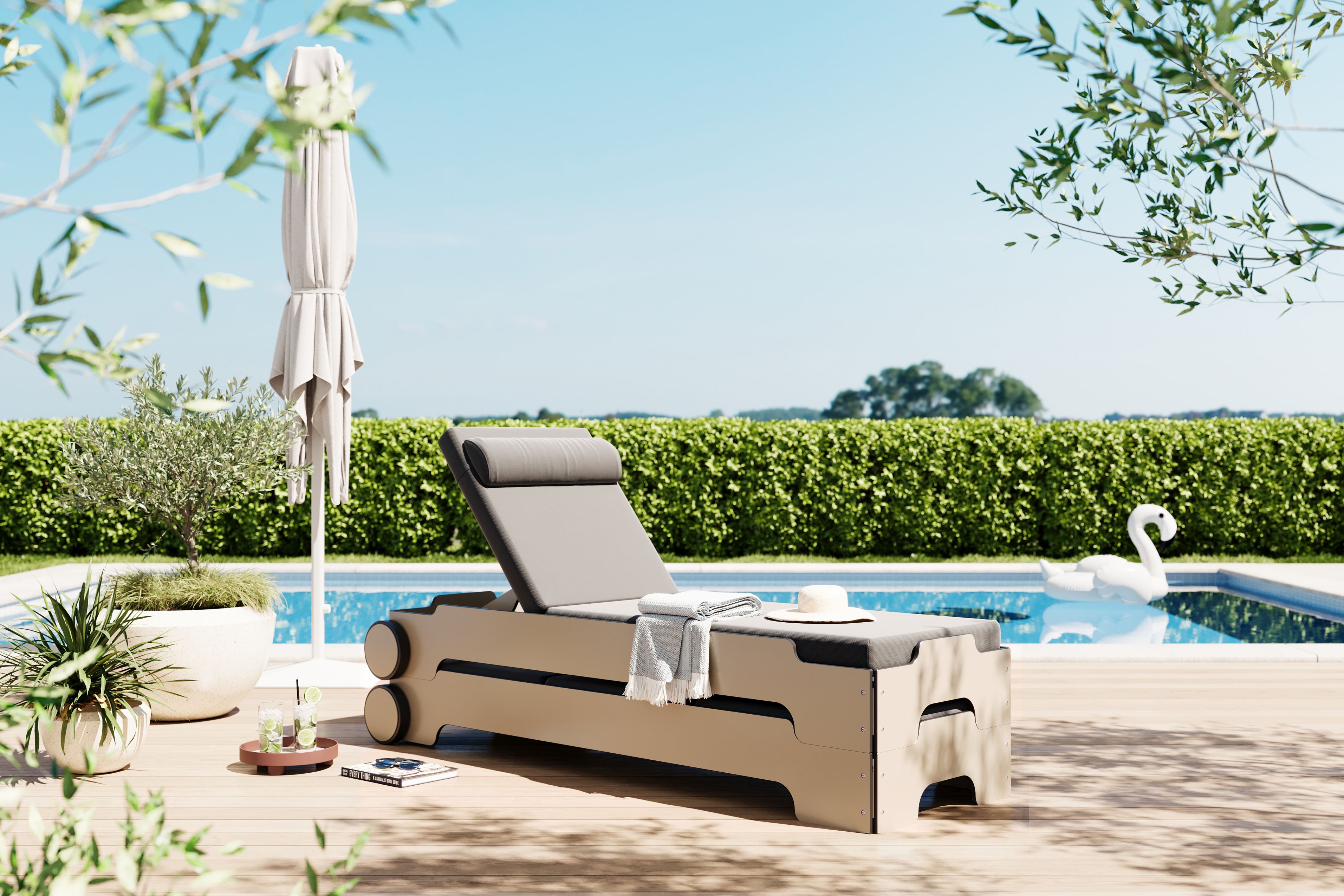Chaise longue empilable Solara avec roues et coussin Outdoor Müller Möbelwerkstätten