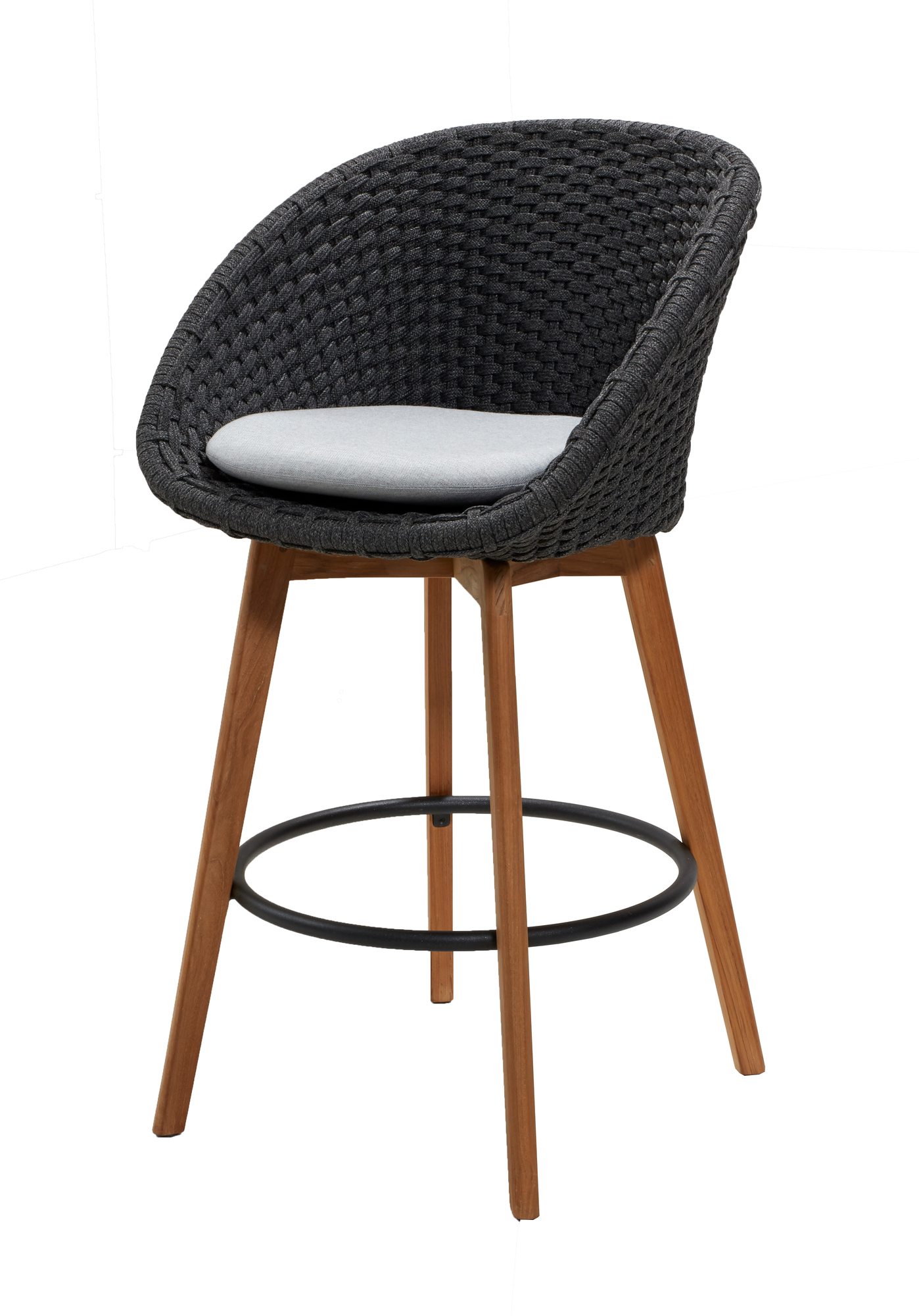 Cane-Line Peacock Barhocker mit hellgrauem Kissen, Outdoor-Möbel für Terrasse und Garten.