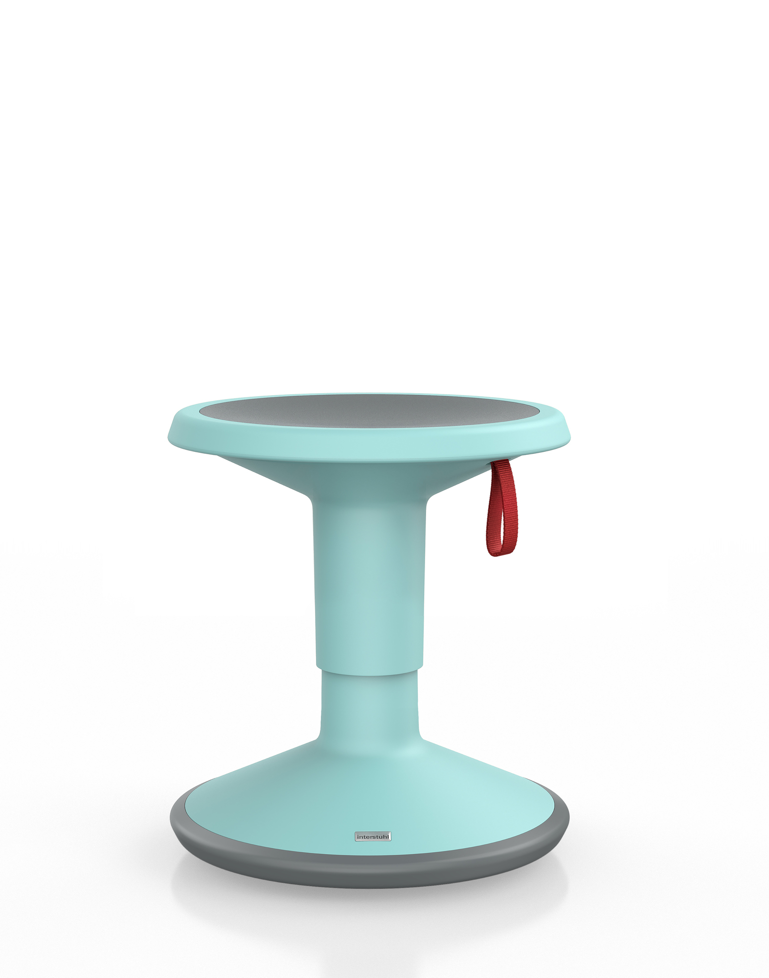 UP Kinderhocker von Interstuhl in Pastelltürkis, ergonomischer Drehstuhl für Kinder mit roter Schlaufe.