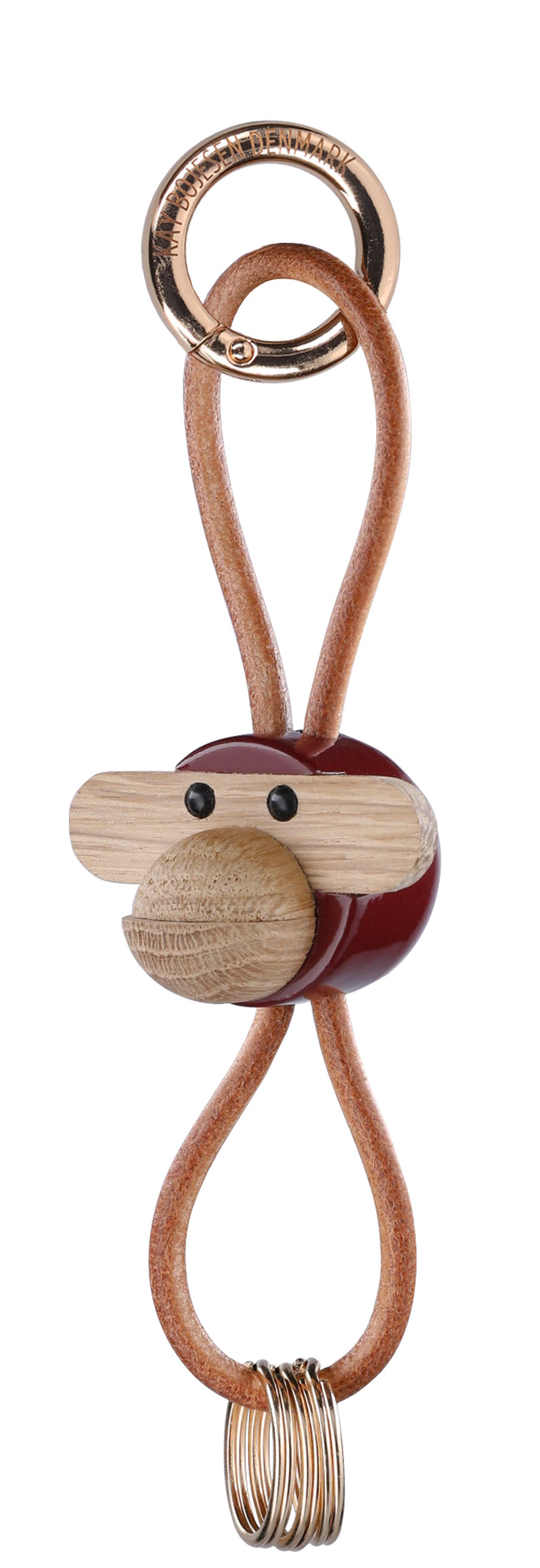Porte-clés Monkey Bordeaux métal doré et cuir naturel Kay Bojesen