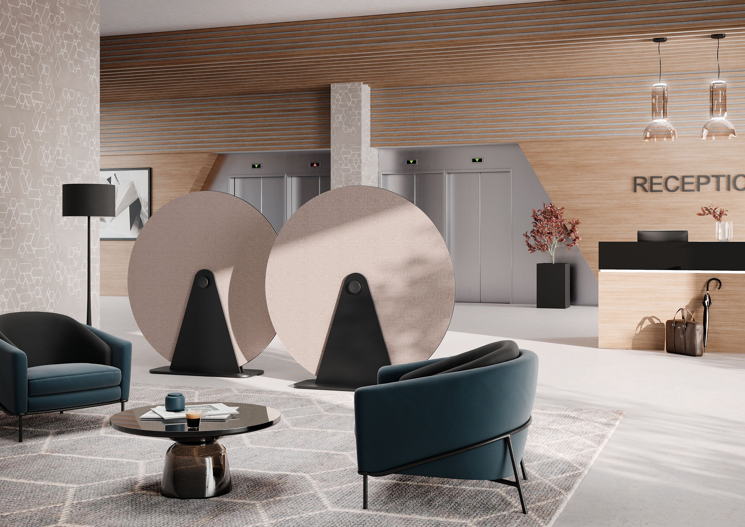 Zwei Palmberg Terio Plus Akustik-Absorber Scheiben in Beige im modernen Büro-Loungebereich zur Schallreduzierung.