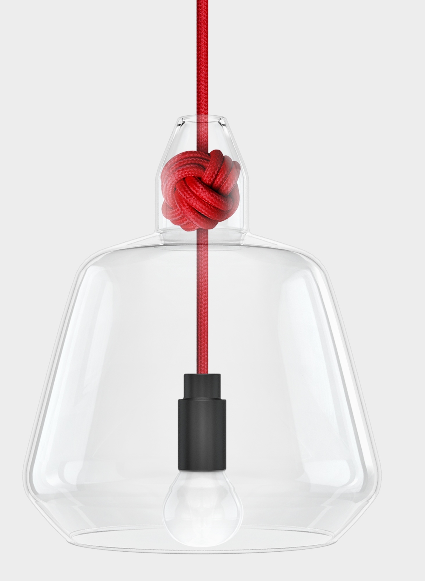 Knot Lamp Pendelleuchte mit rotem Textilkabel und transparentem Glasschirm. Moderne Hängelampe für Wohnzimmer.