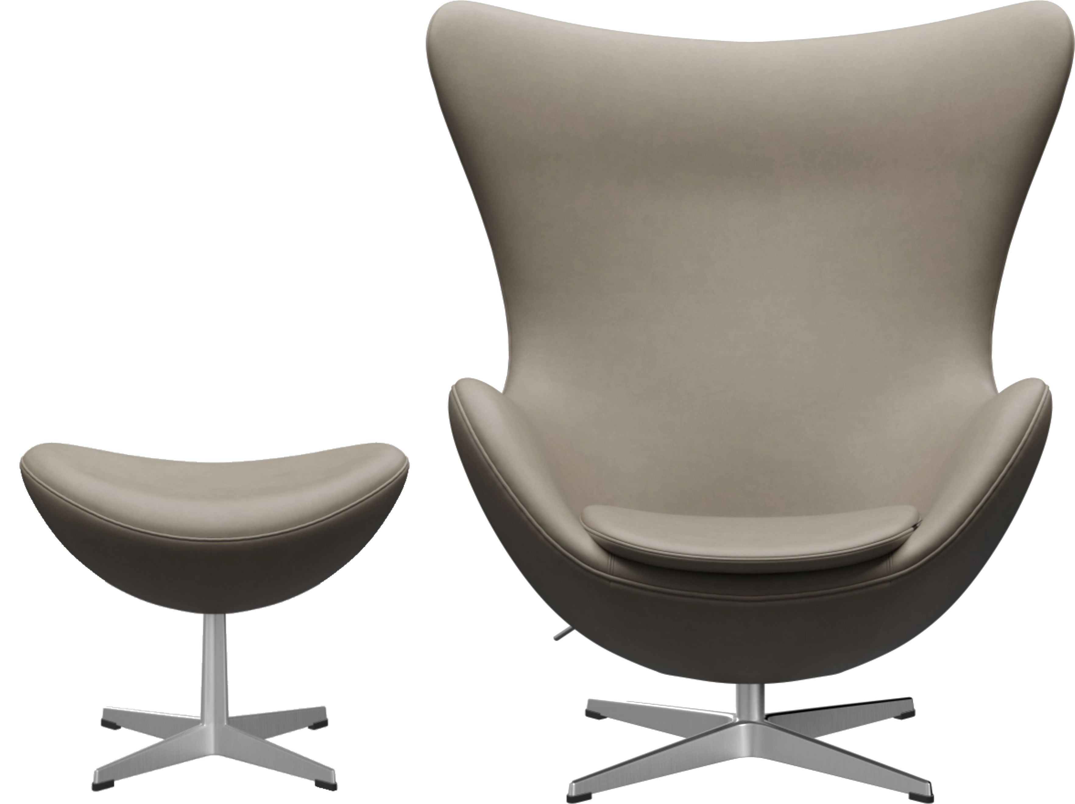 Hellgrauer Egg Chair Sessel mit Hocker von Fritz Hansen, Lederbezug und Aluminiumfuß.