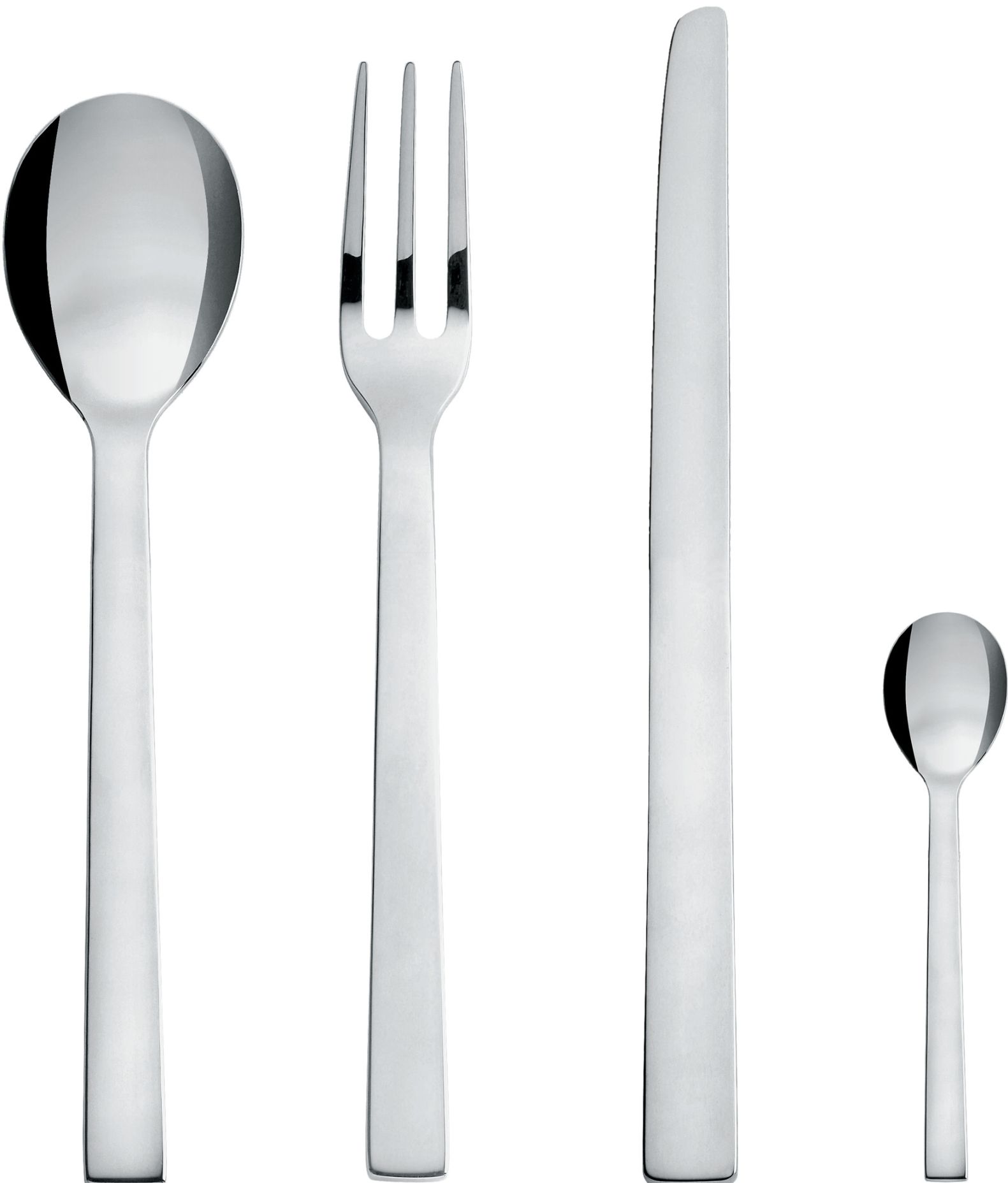 Nahaufnahme von Alessi Santiago Besteck: Messer, Gabel, Suppenlöffel und Teelöffel aus Edelstahl.