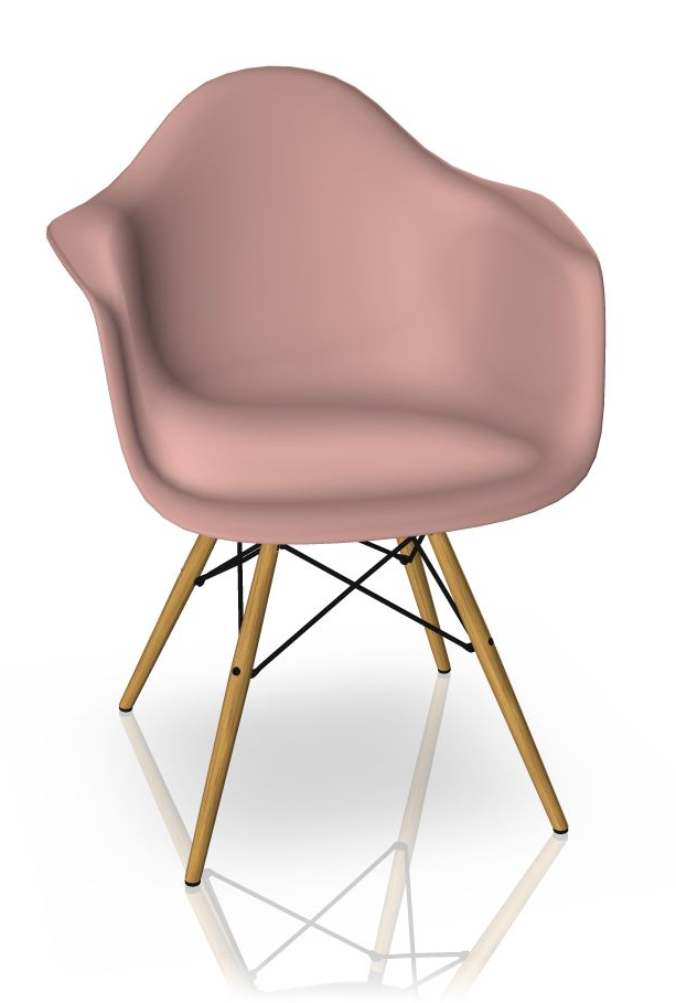 Eames Plastic Arm Chair DAW in Zartrosa mit Ahorn-Gestell, Designklassiker für Wohnzimmer und Büro.