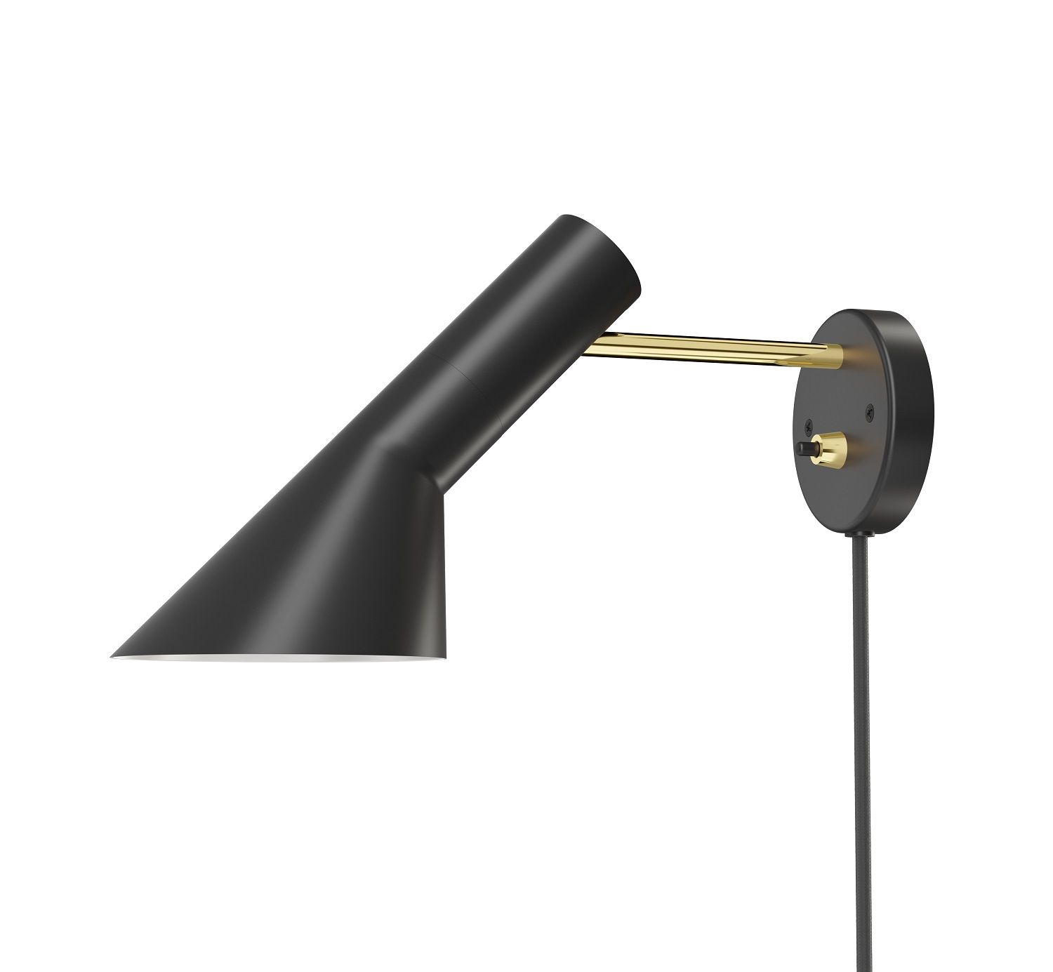 Schwarze AJ Wandleuchte von Louis Poulsen mit Messing-Details, moderne Innenbeleuchtung für Wohnräume.