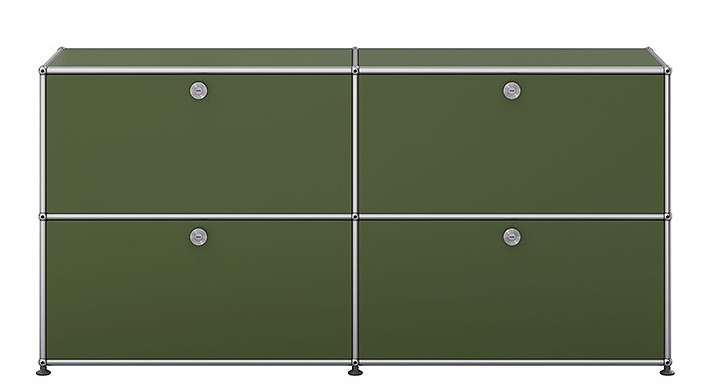 USM Haller Sideboard in Olivgrün mit vier Klapptüren, modernes Designmöbel für Wohnzimmer und Büro.