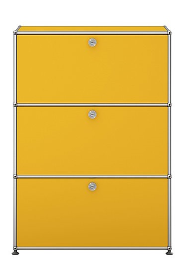 USM Haller Highboard in Goldgelb mit drei Klappen, modernes Designmöbel für stilvolle Wohnräume.