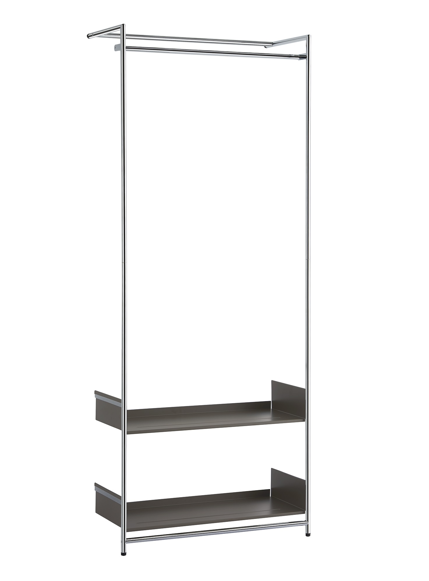Comba Anlehngarderobe von Mox mit zwei Ablageflächen und einer Kleiderstange aus verchromtem Stahl.