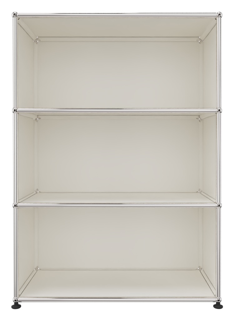 USM Haller Highboard in Reinweiß mit drei offenen Fächern und verchromtem Stahlrohrgestell.