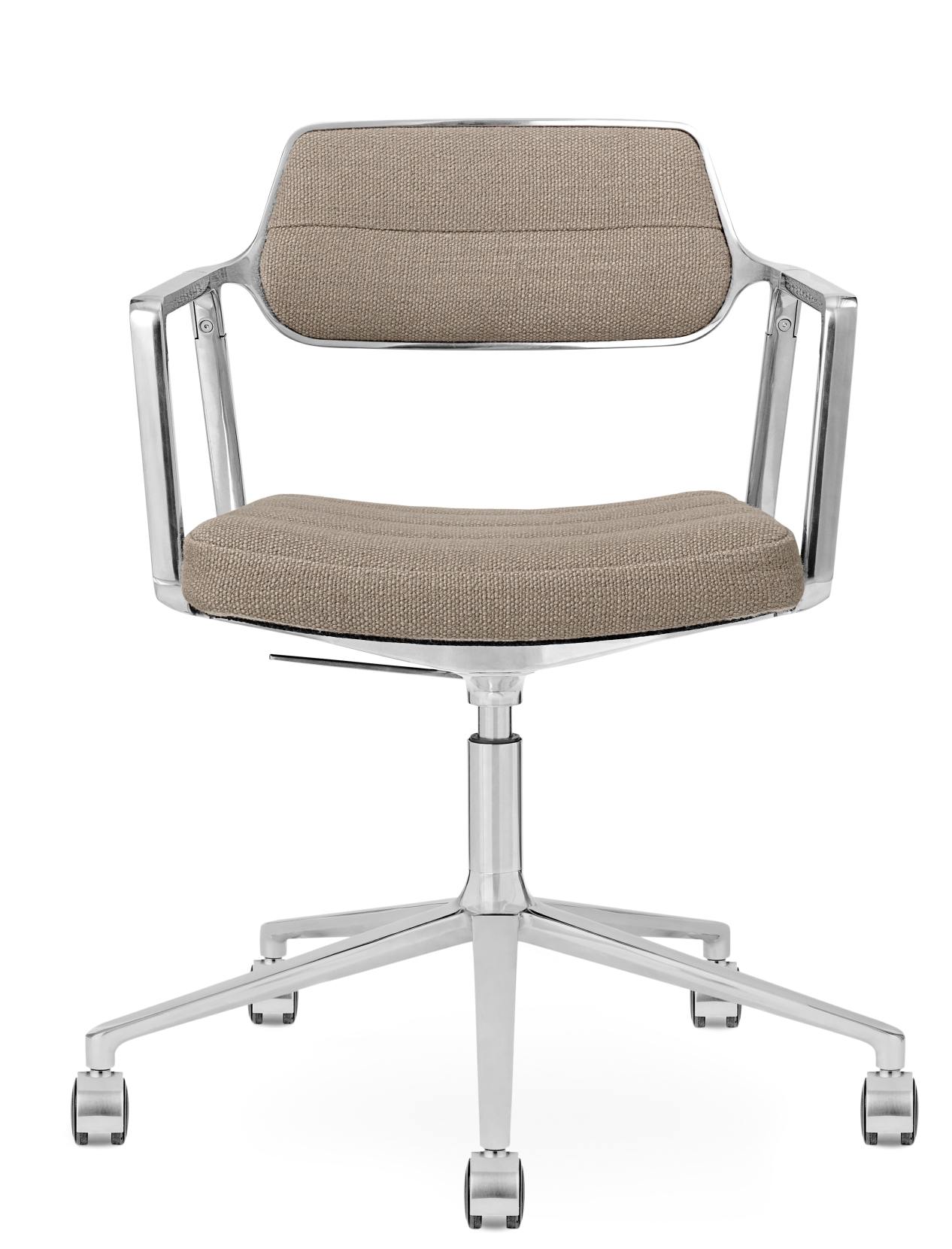 Fauteuil pivotant Vipp 453 / Vipp453, revêtement textile sable foncé, structure en aluminium poli avec roulettes. Vipp OFFREN SPECIALE