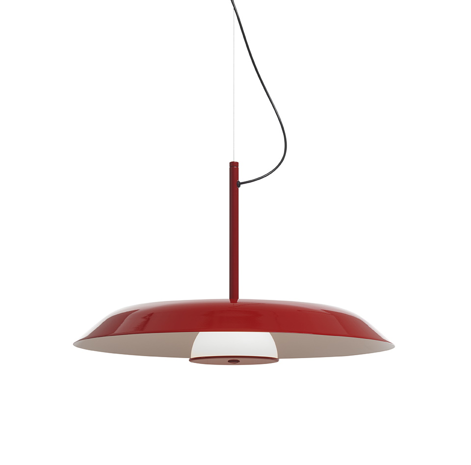 Rote Iride Pendelleuchte von Oluce, Durchmesser 55cm, moderne Hängelampe für Wohnzimmer und Essbereich.