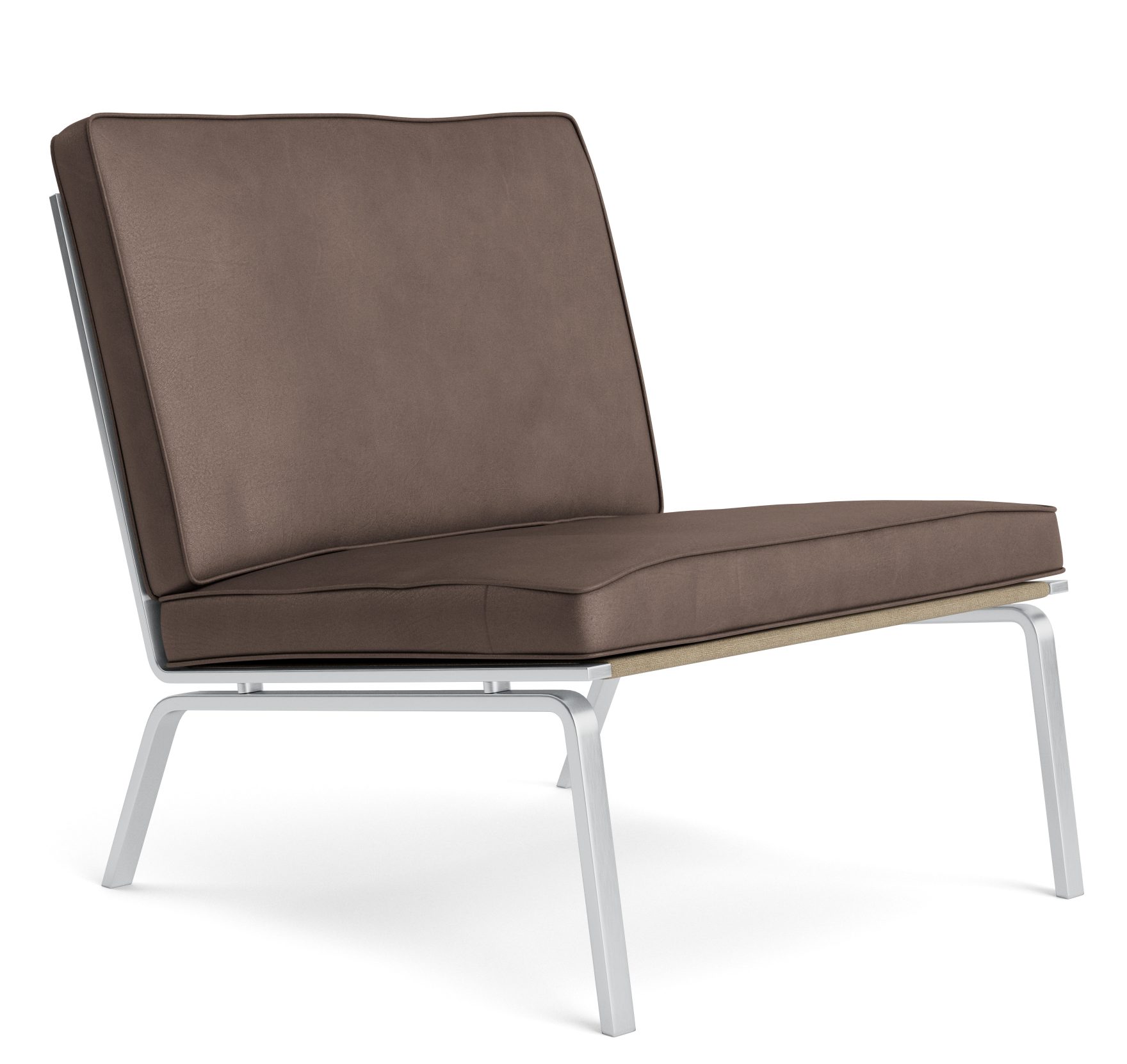 Man Lounge Chair von Norr11, dunkelbrauner Sessel mit minimalistischem Design und silbernem Metallgestell.