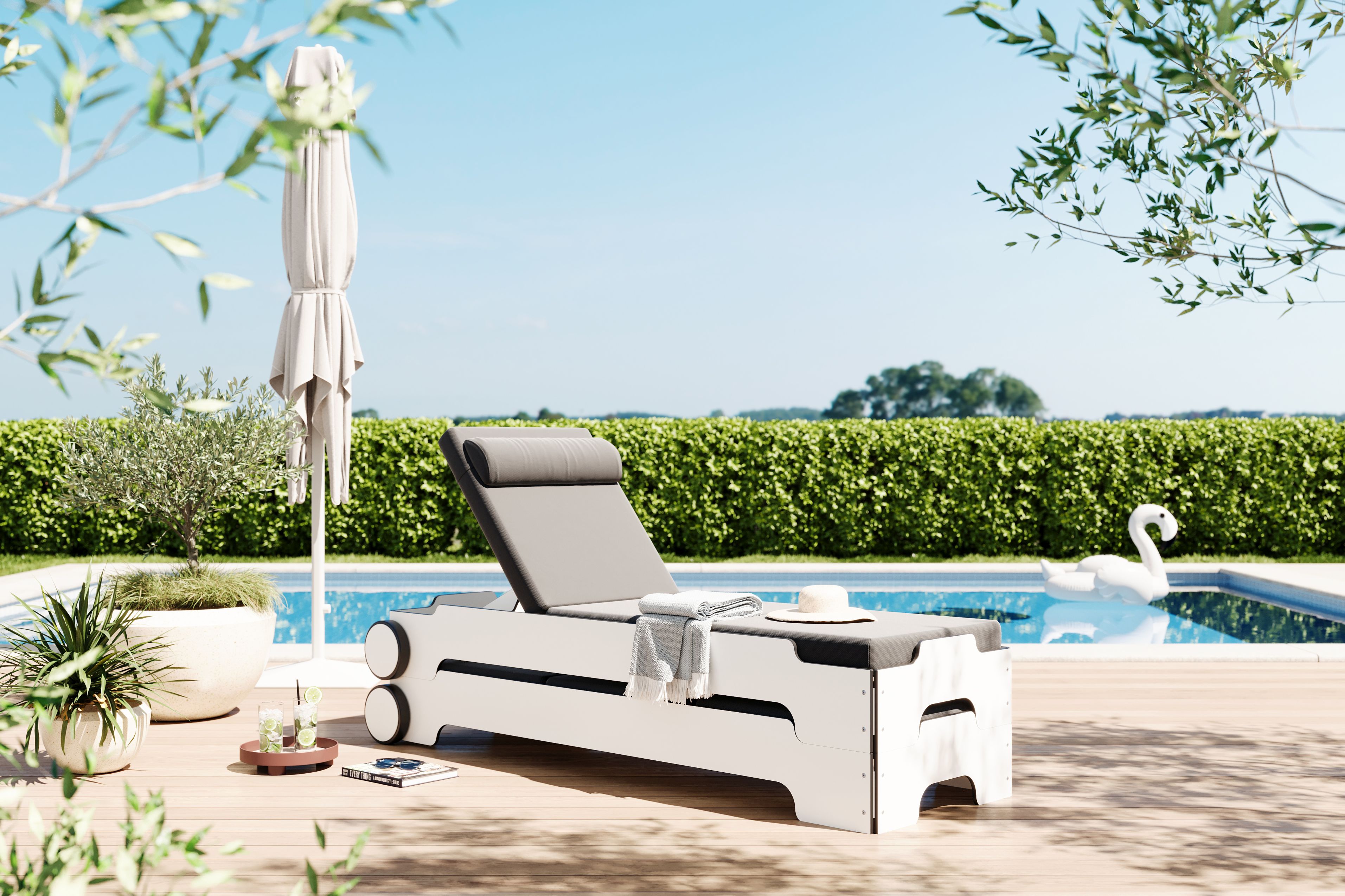 Chaise longue empilable Solara avec roues et coussin Outdoor Müller Möbelwerkstätten