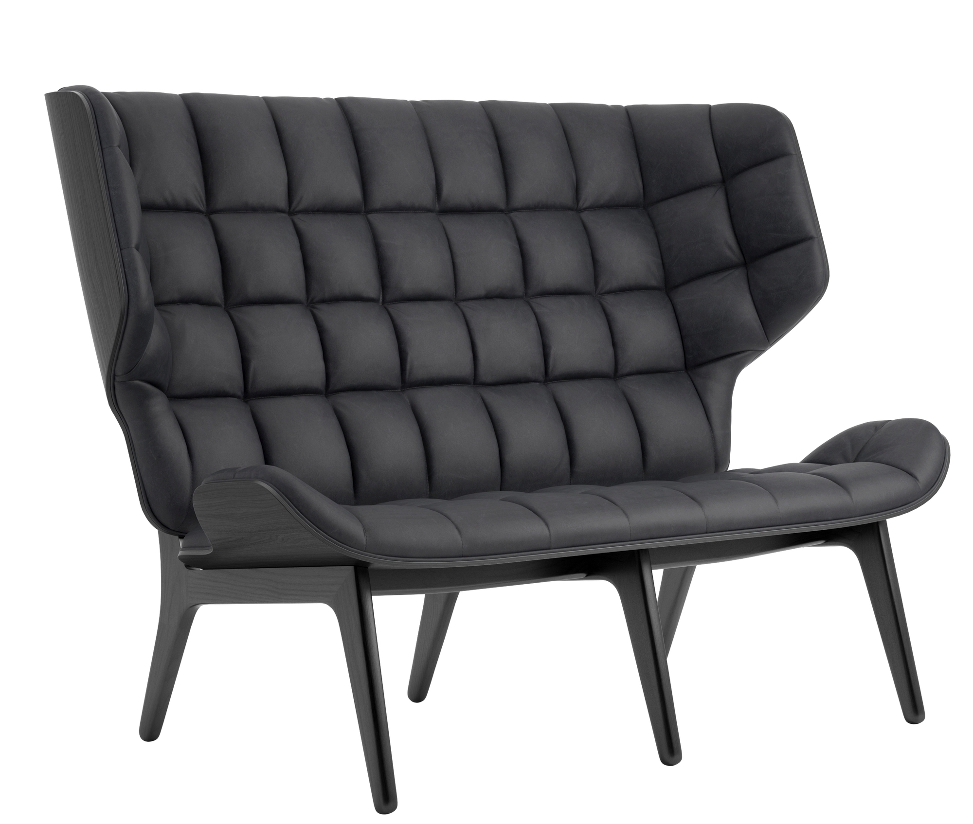 Mammoth Sofa mit schwarzem Eichengestell und anthrazitfarbenem Lederbezug. Designer Sofa für Wohnzimmer.