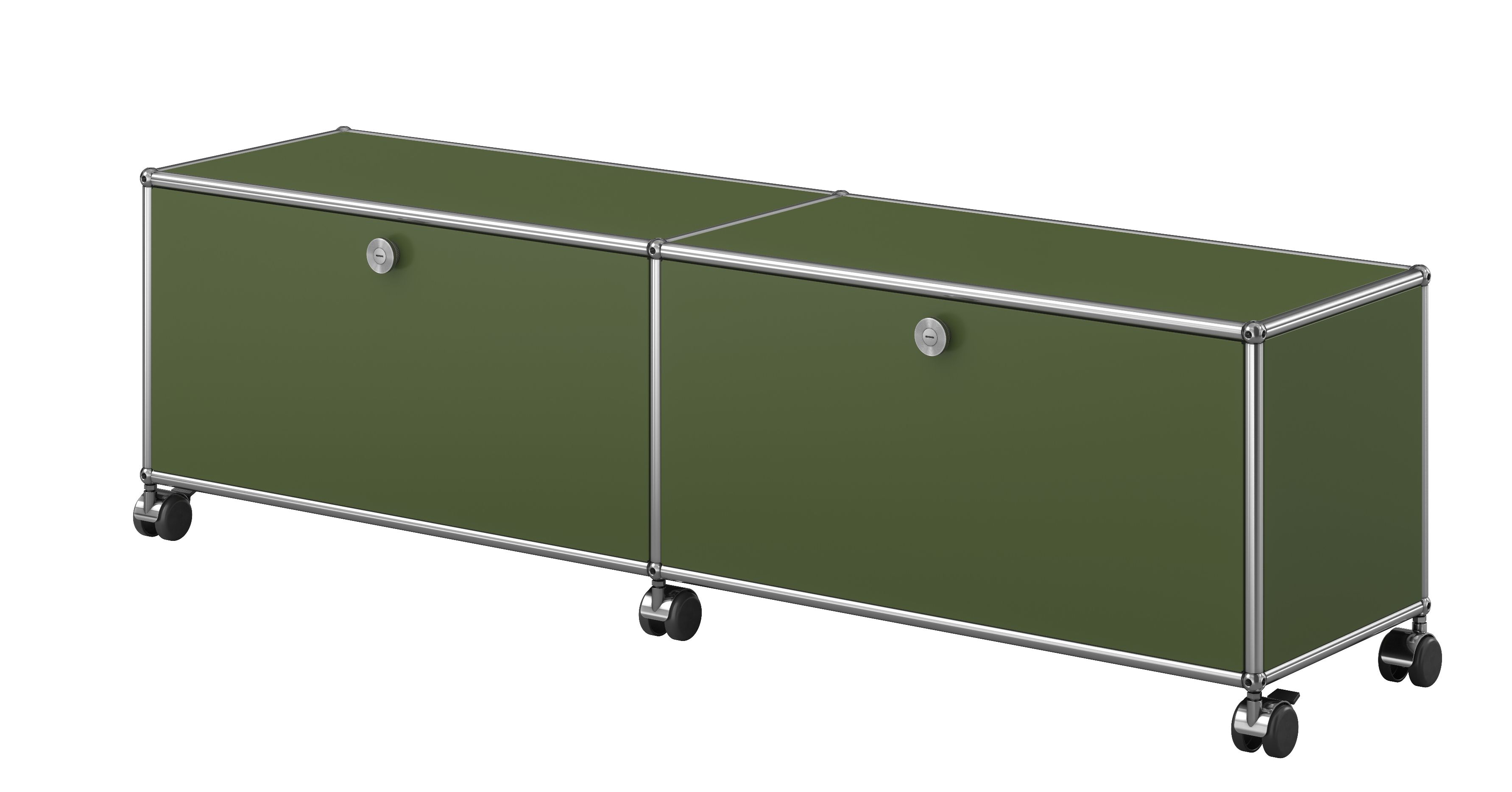 USM Haller Meuble TV/Hi-Fi bas M61 sur roulettes avec 2 portes à charnières Vert olive