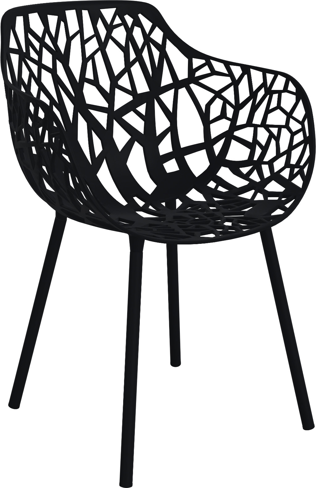 Schwarzer Forest Outdoor Sessel mit filigranem Design und vier Beinen, geeignet für Garten und Terrasse.