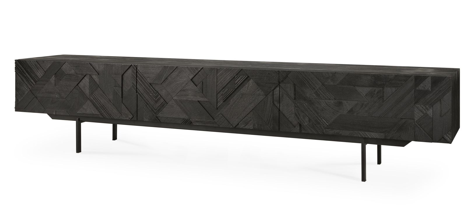 Schwarzes Graphic TV Möbel aus Teakholz mit geometrischem Muster und filigranen Metallfüßen.