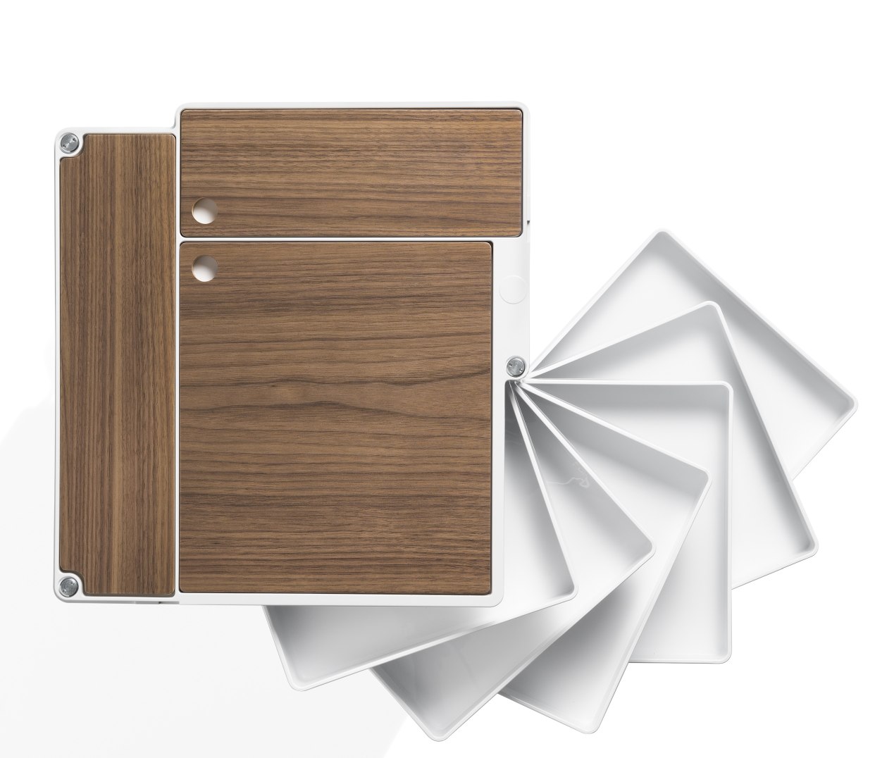 Boby BTOP Rollcontainer mit Canaletto Walnuss Platten und ausziehbaren Fächern.