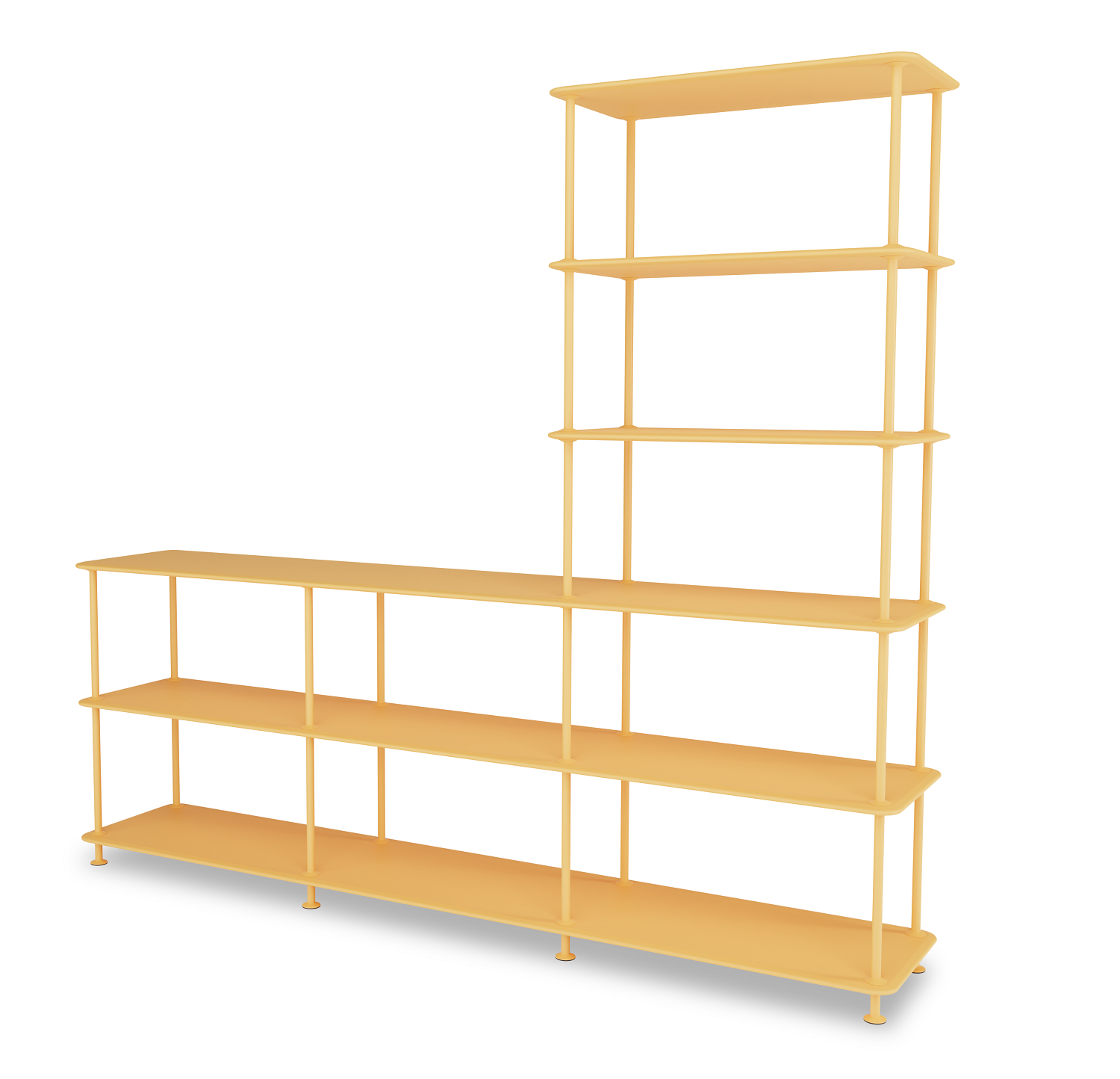 Beiges Montana Free Regal, asymmetrisches Design mit mehreren Regalböden, modernes Wohnregal.