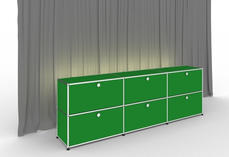 Grünes USM Haller Sideboard mit sechs Klapptüren und Beleuchtung, modernes Designmöbel.