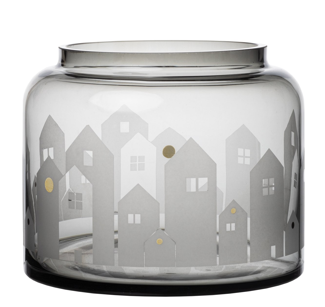 Vase d'hiver Maisons Lumière d'hiver Räder Winterliche Räder Wintervase Häuser Winterlicht aus grauem Glas mit weißem Häuser-Motiv und goldenen Akzenten.