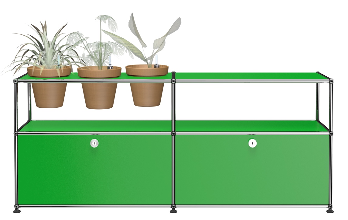 Mondes des plantes Sideboard Configuration 1 USM Haller Vert Grünes USM Haller Sideboard mit Pflanzenwelten-Konfiguration, modulare Möbel für Wohnzimmer und Büro.