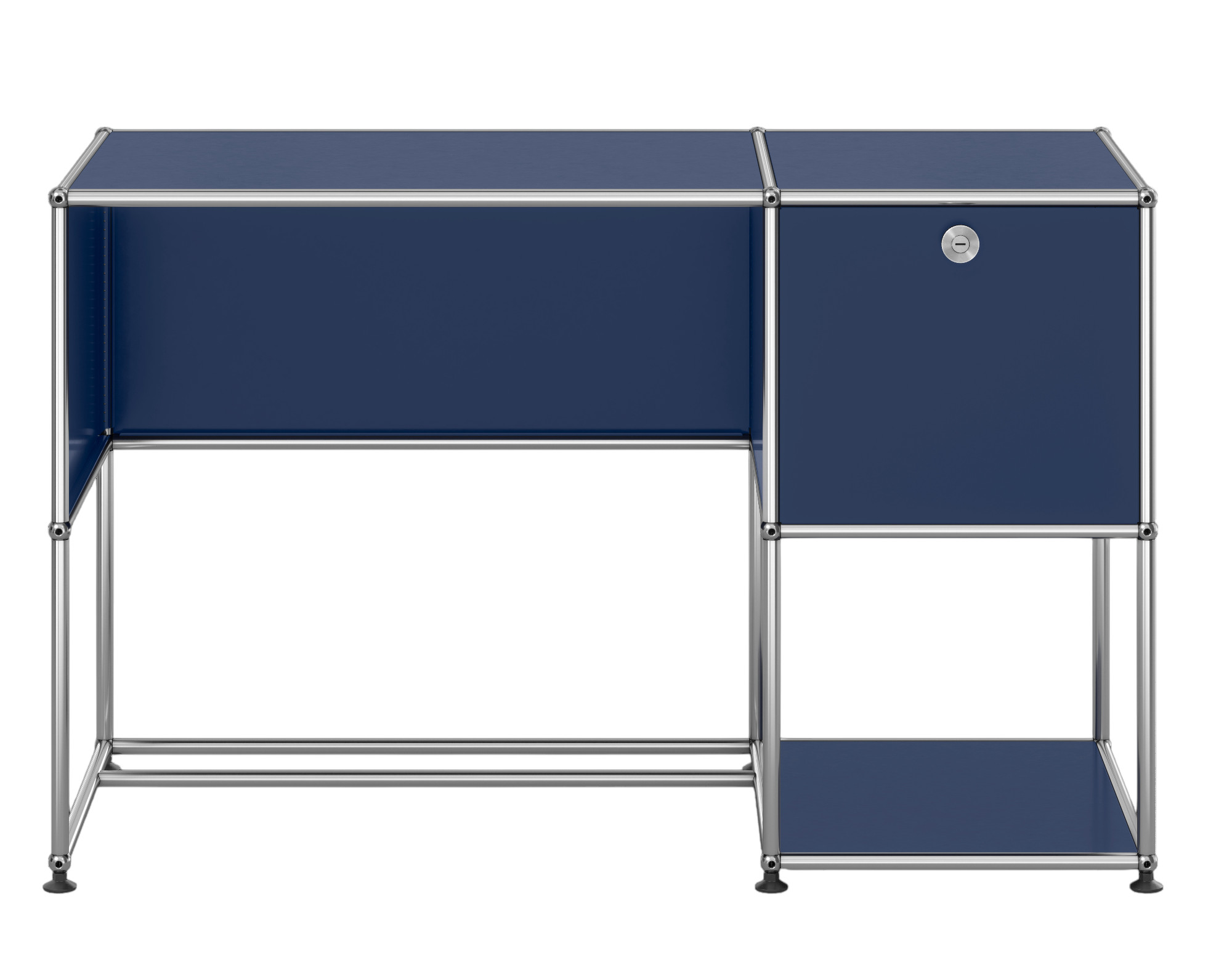 USM Haller Bureau Bleu acier QUICK SHIP USM Haller Schreibtisch in Stahlblau mit Ablage und Schublade, modernes Design für Büro und Arbeitszimmer.