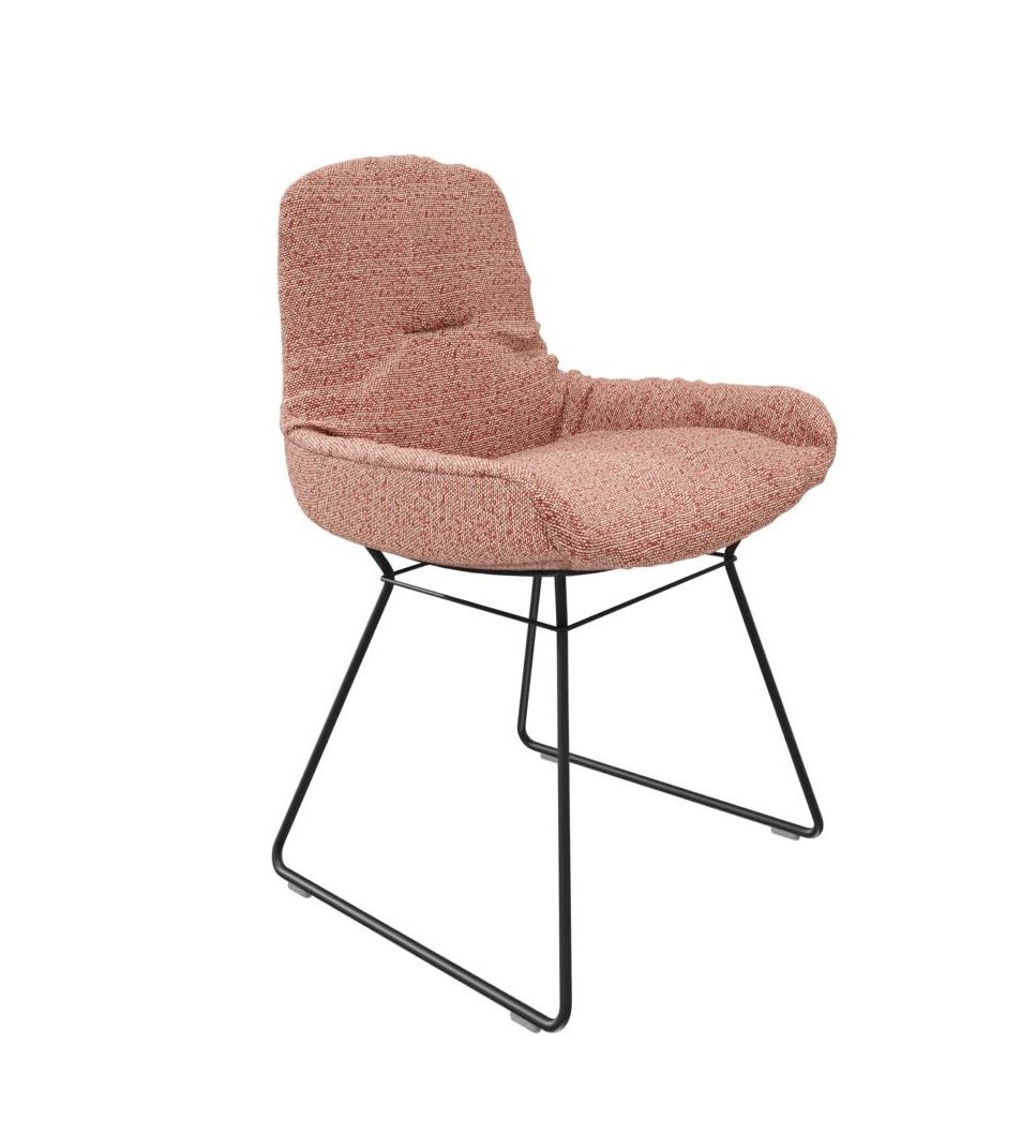 Leya Stuhl mit niedriger Armlehne, Safire Stoff, schwarzes Metallgestell. Moderner Designstuhl.