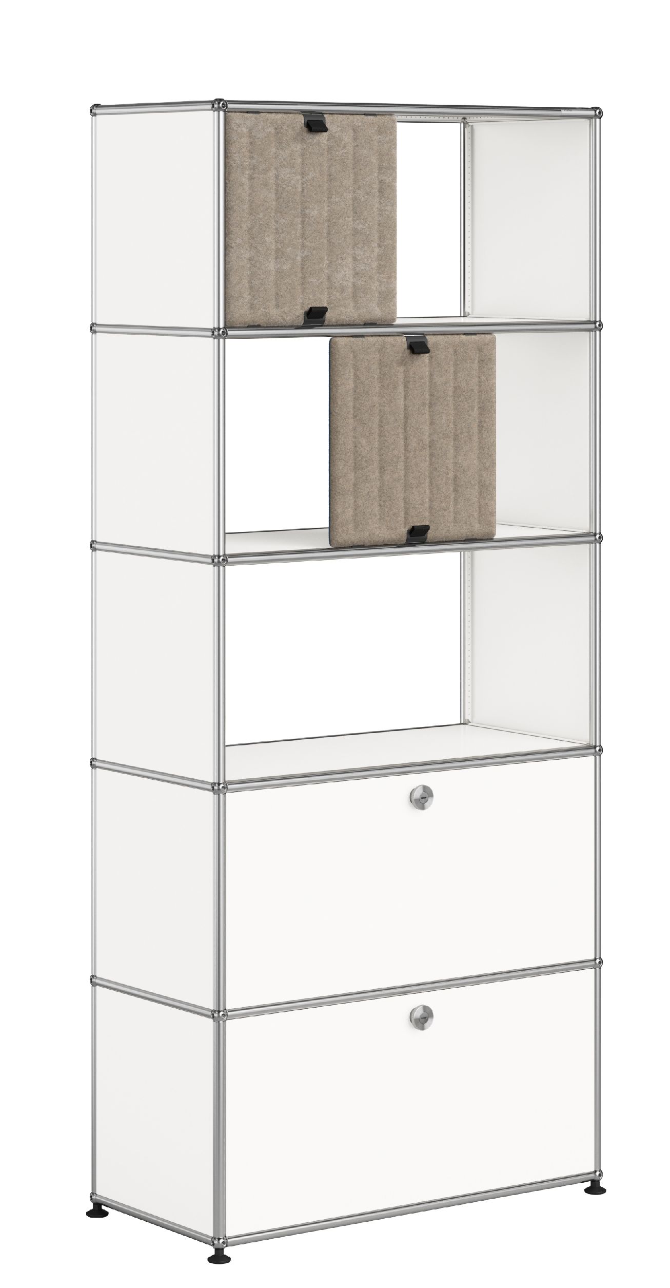 USM Haller Étagère avec panneaux souples M69 Blanc pur-taupe