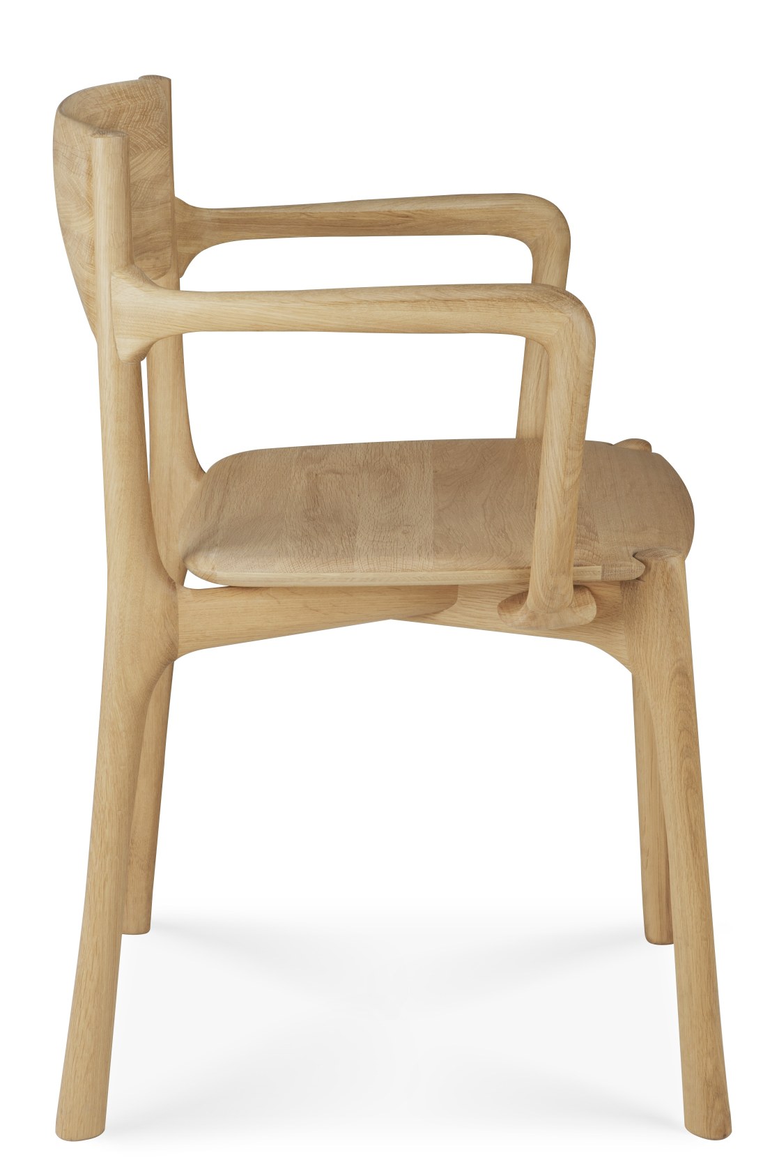 Ethnicraft PI Dining Chair mit Armlehne, Holzstuhl im modernen Design, Seitenansicht.