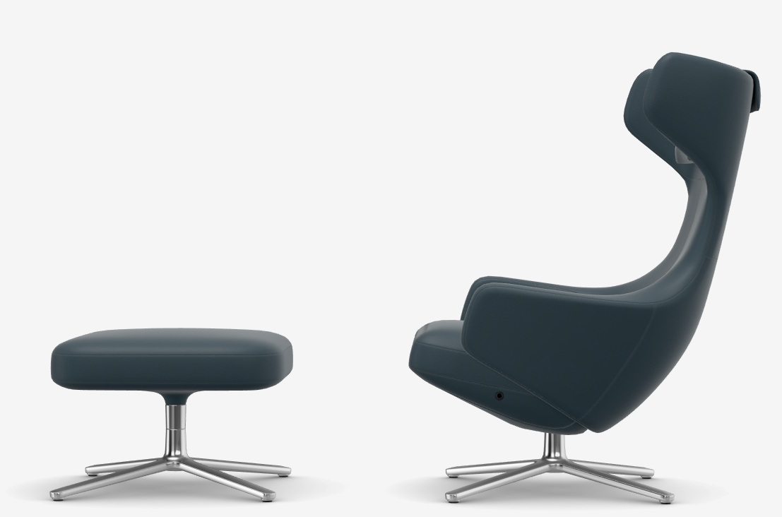 Grand Repos Fauteuil + Ottoman Basse / CUIR PREMIUM AVEC LIGNE CONTRASTE BLEU FUME Vitra OFFRE SPECIALE