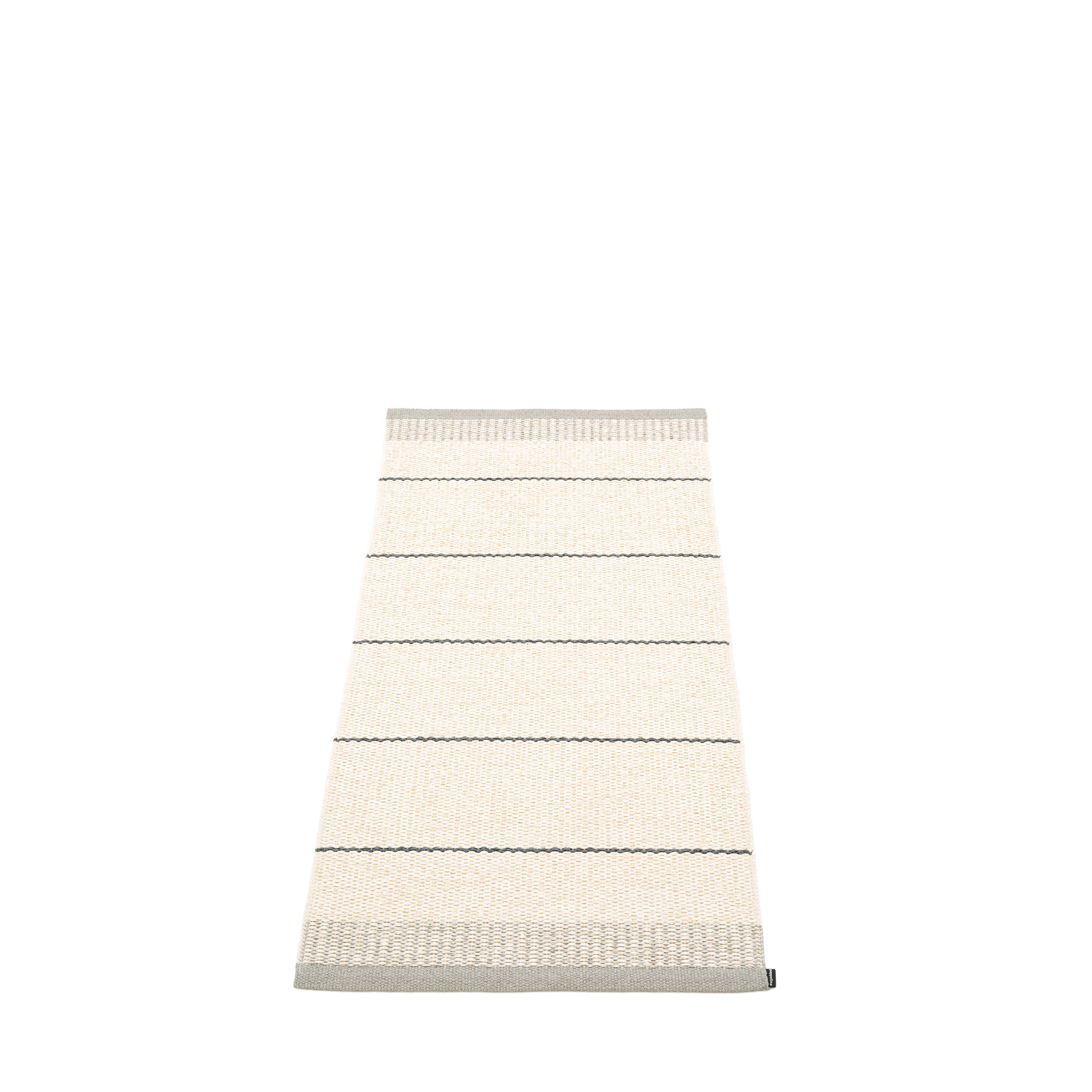 Belle Kunststoffteppich in Warm Grau, 60x125 cm, mit horizontalen Streifen und gewebter Textur.