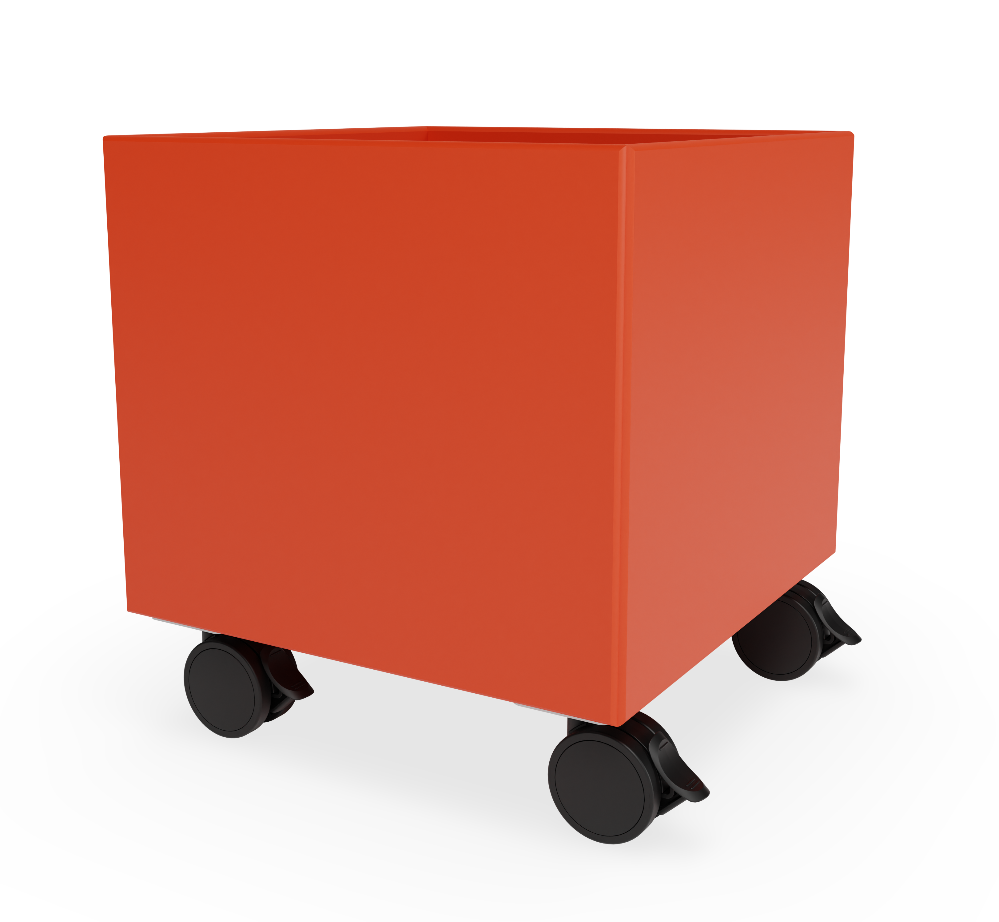 Orangefarbene Mini Play Aufbewahrungsbox mit schwarzen Rollen. Ideal für Kinderzimmer und Spielzeugaufbewahrung.