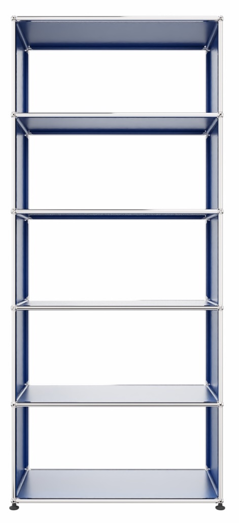 USM Haller Regal in Enzianblau mit fünf Fächern und verchromtem Gestell, modernes Design.