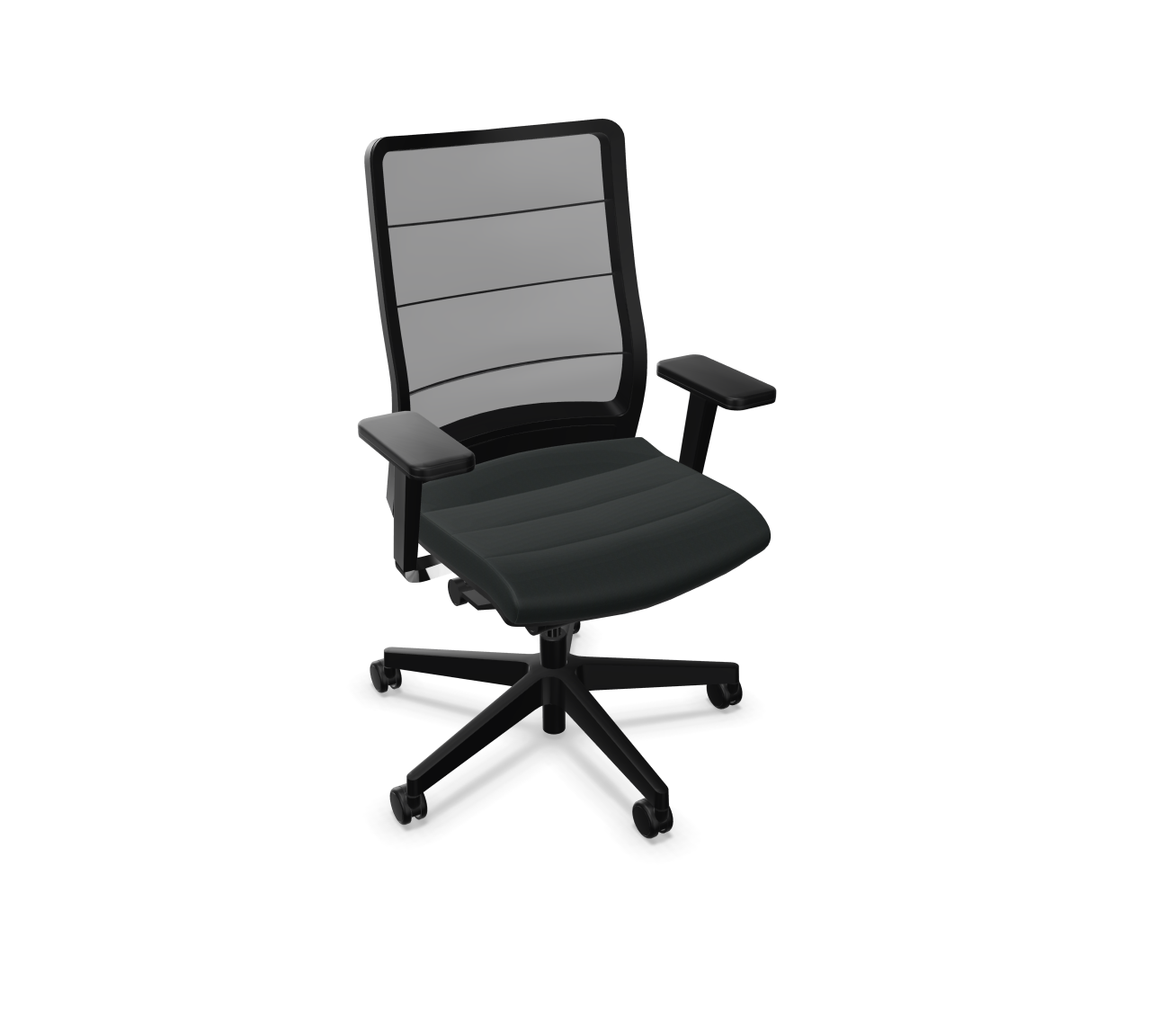 Schwarzer AirPad Drehstuhl von Interstuhl mit Netzrücken und Armlehnen, ergonomischer Bürostuhl für komfortables Sitzen.