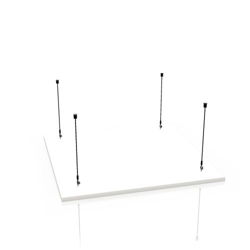 Terio Plus Akustik Panel von Palmberg, weiße, horizontale Schallabsorber-Decke mit vier schwarzen Aufhängungen.