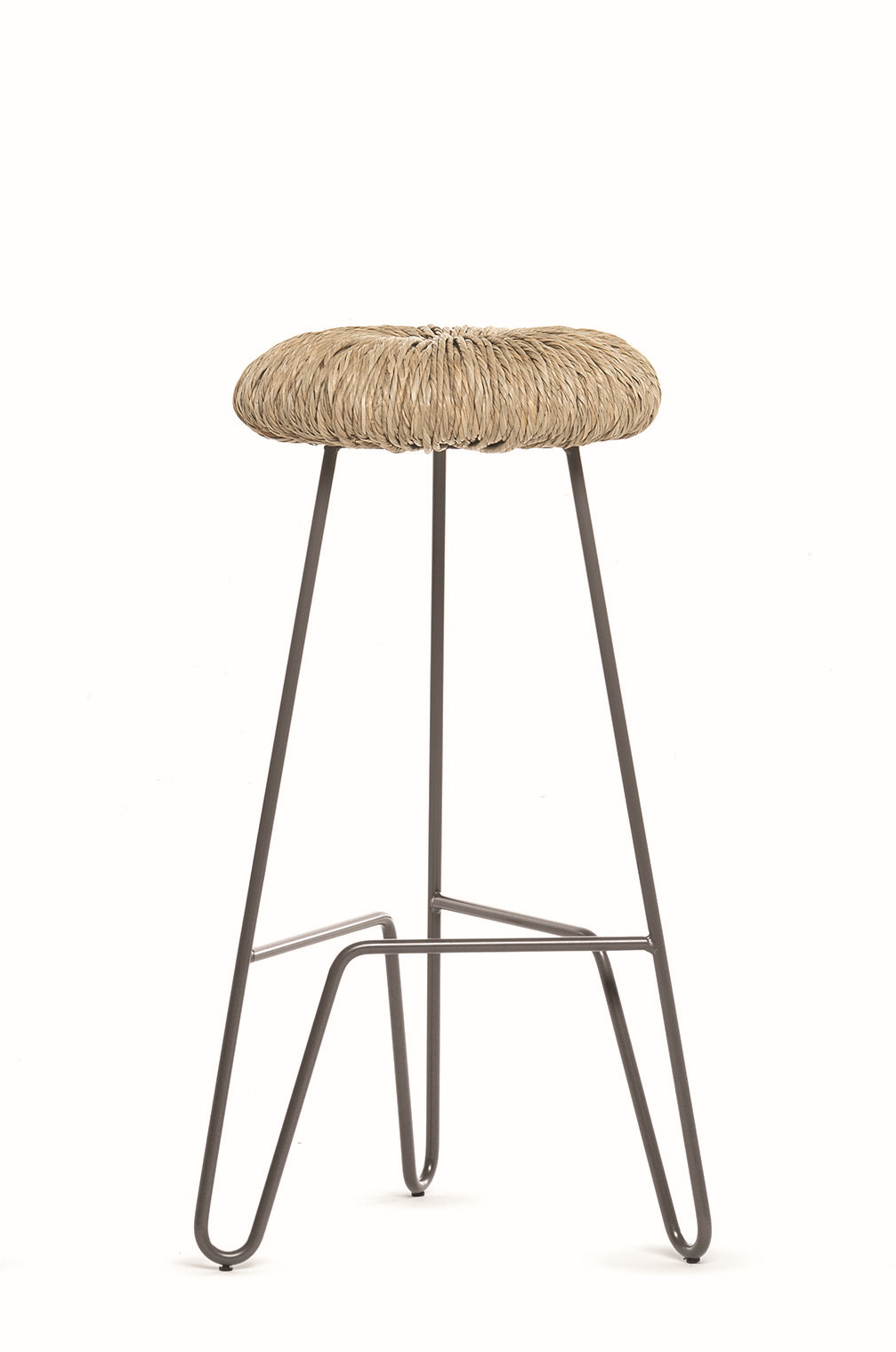 Donut Hocker von Mogg, graues Metallgestell, Sitzfläche aus Naturfaser, Barhocker, H65cm.