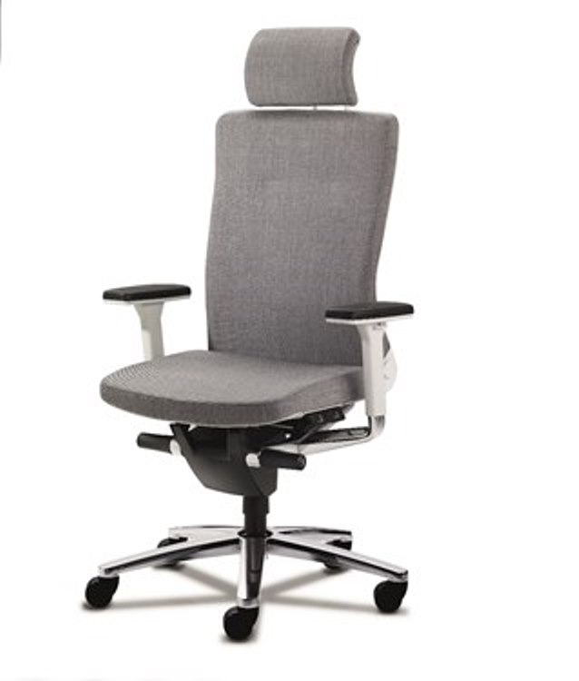 Grauer Lamiga Drehstuhl von König+Neurath mit Kopfstütze, ergonomisch und modern für Büro und Homeoffice.