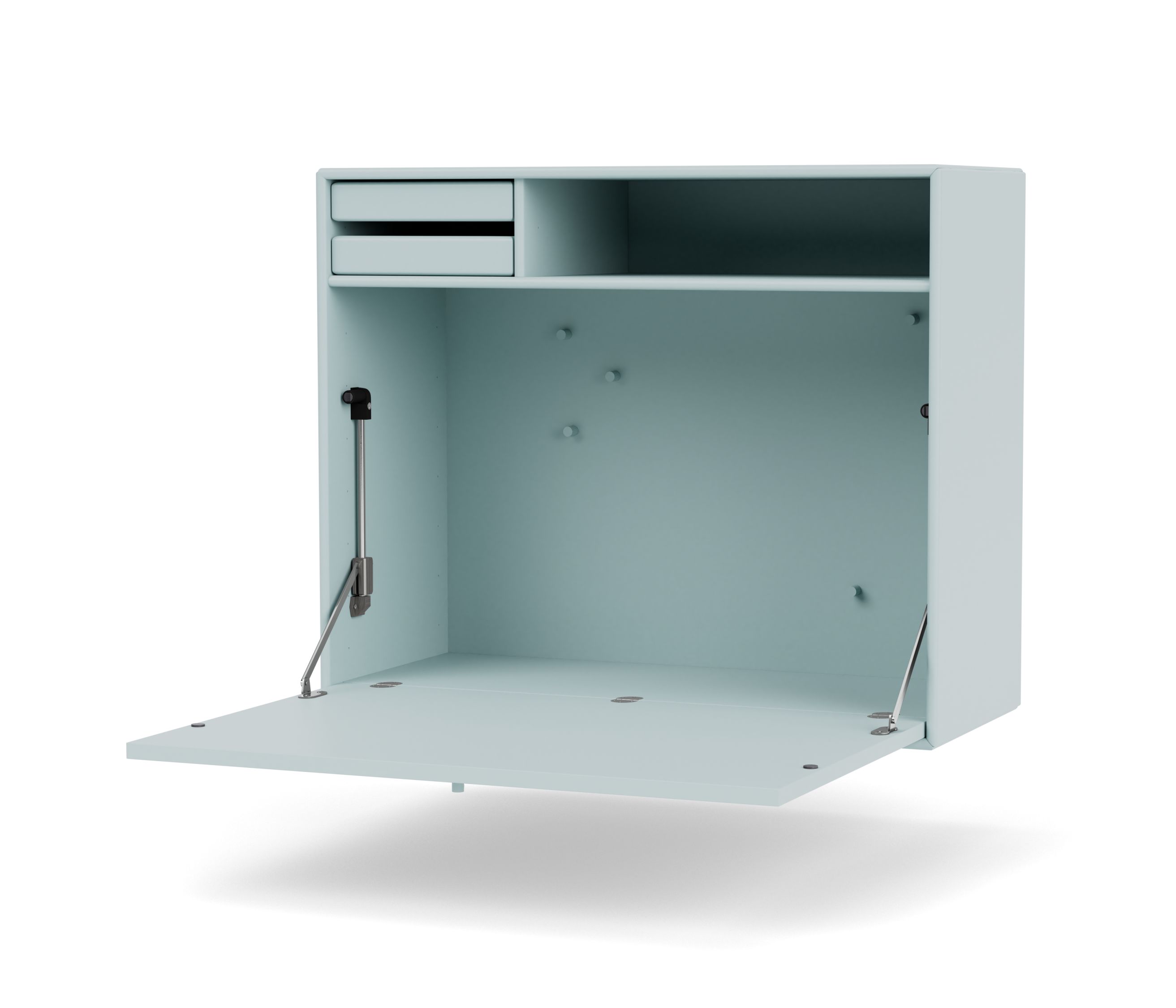 Blauer Montana Sekretär mit geöffneter Klappe, Schubladen und Stauraum für Homeoffice.