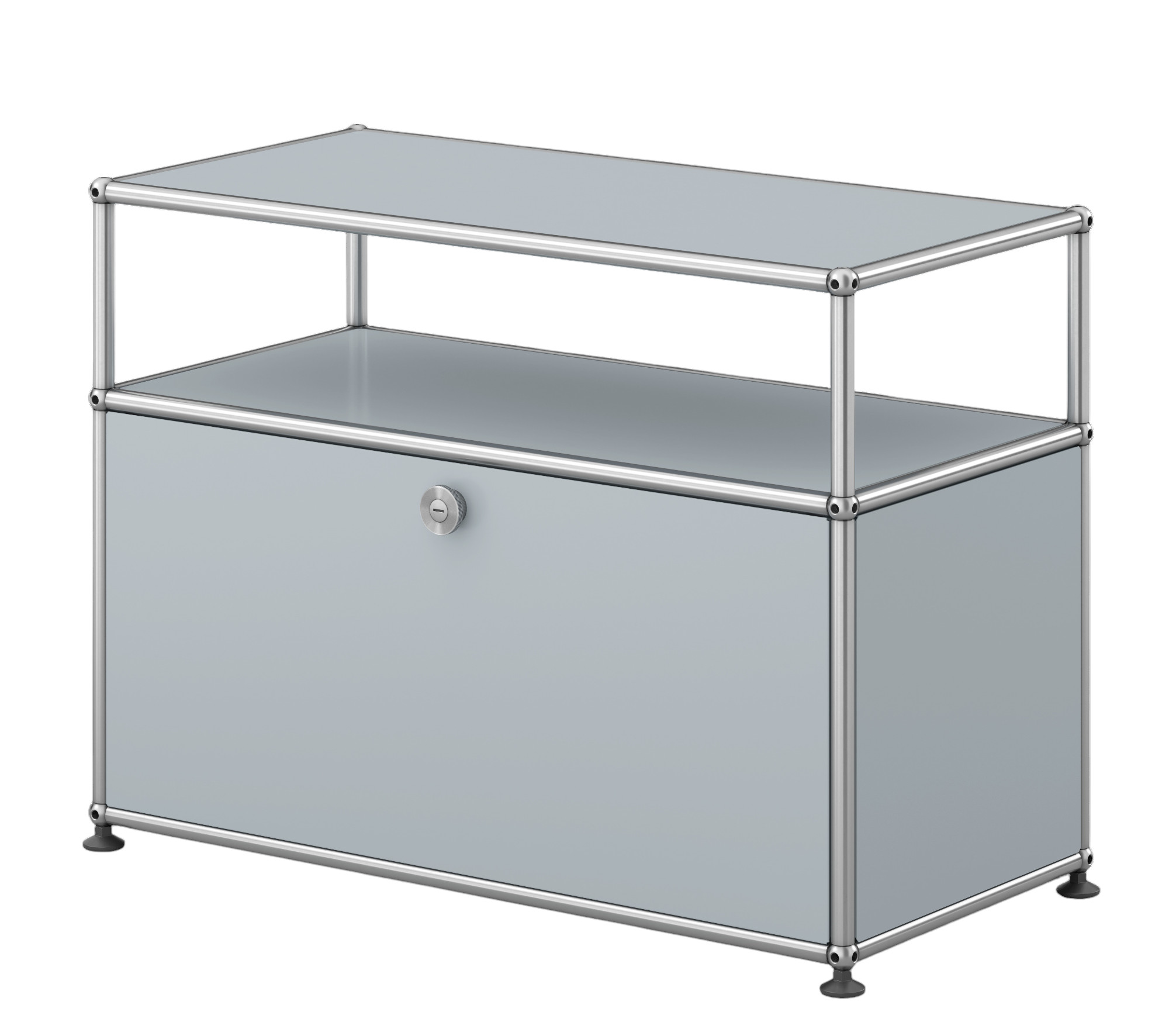 USM Haller Beistelltisch in lichtgrau mit einer Klappe und verchromtem Gestell für Wohnzimmer und Büro.