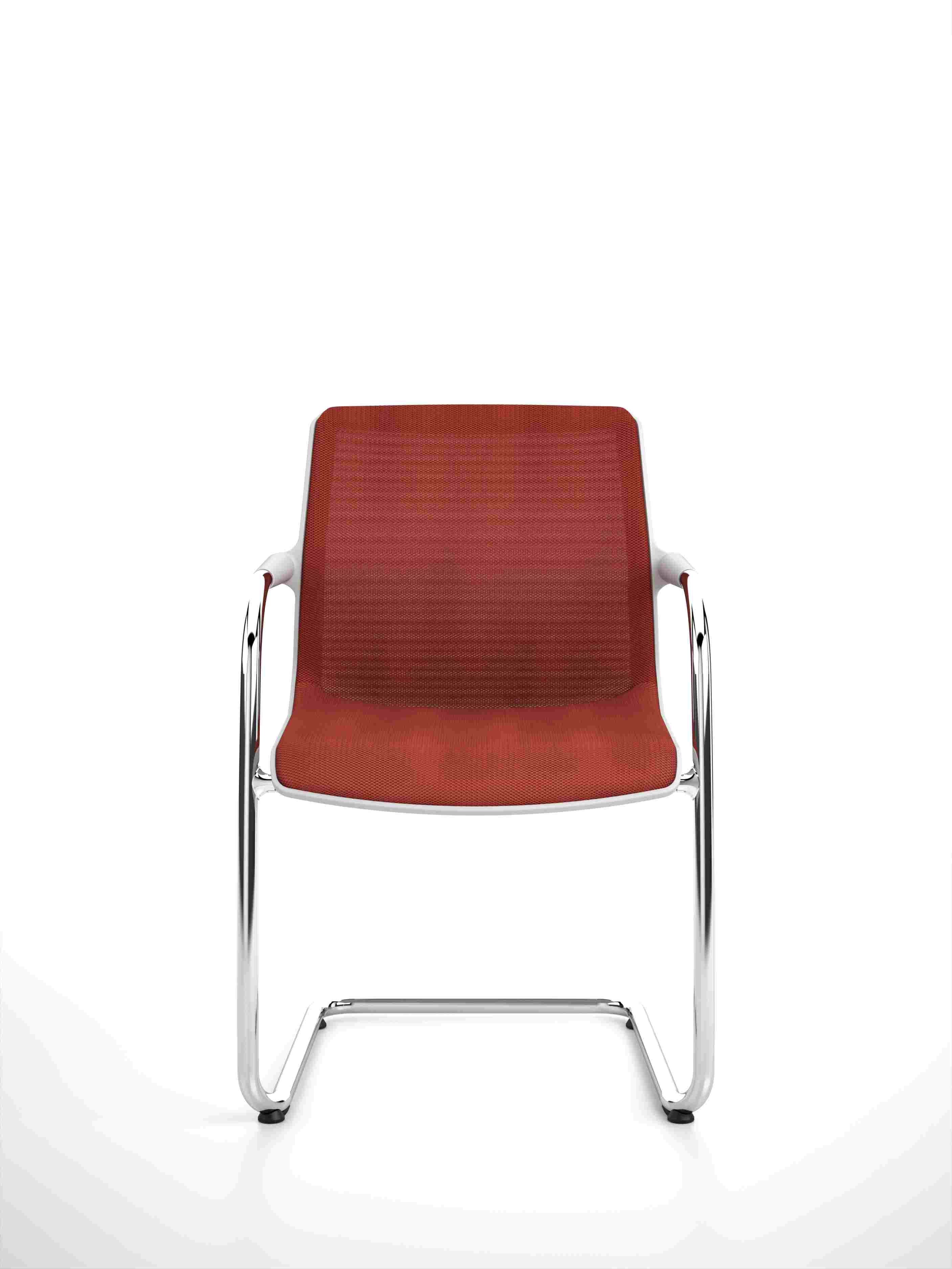 Vitra Unix Freischwinger Stuhl mit roter Netzbespannung und verchromtem Gestell, nicht stapelbar, für Büro und Konferenz.