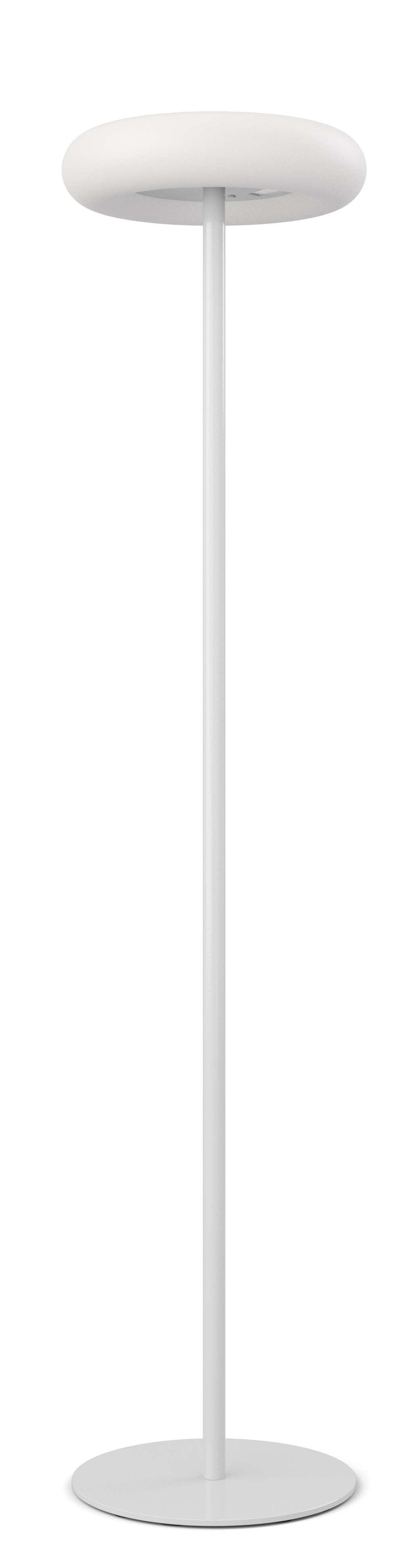 Weiße Oto Stehleuchte von Belux mit rundem Fuß und warmweißem Licht (3000K).