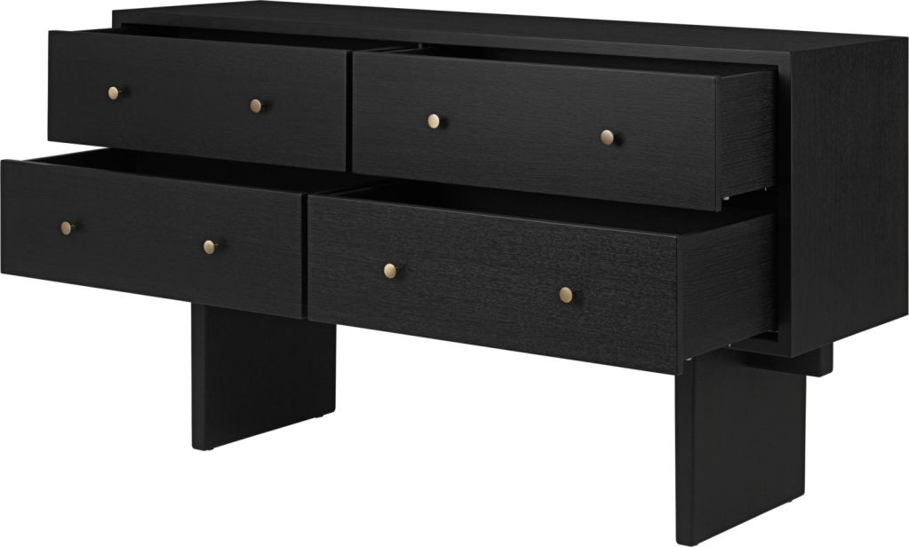 Private Sideboard placage en chêne teinté brun noir Gubi Gubi Private Sideboard: Braunes Eichenfurnier, schwarz gebeizt, mit vier Schubladen und Messinggriffen.
